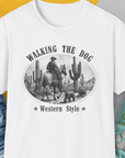 Walking The Dog, Western Style, Volume 1, Unisex T-Shirt-White. A perfect gift for dog lovers and dog owners. Design by Dog Gang