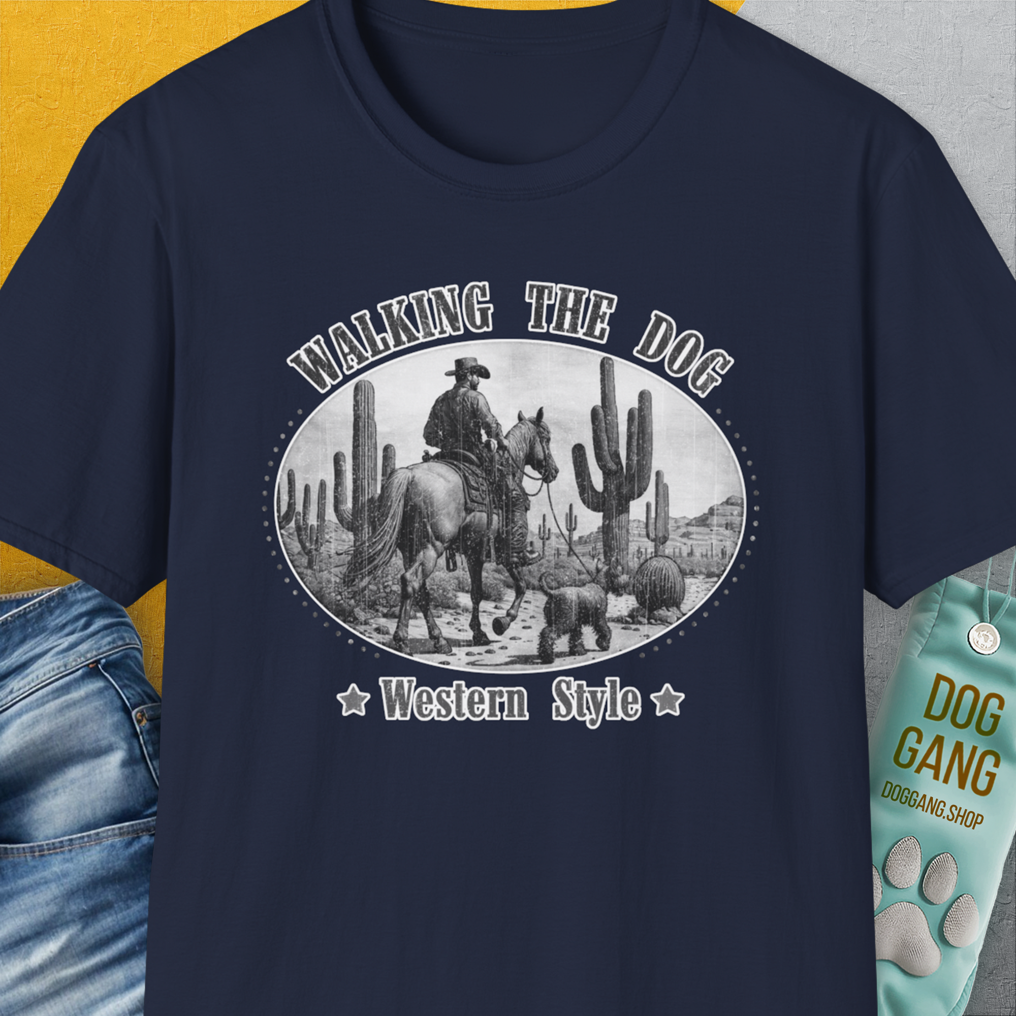 Walking The Dog, Western Style, Volume 1, Unisex T-Shirt-Navy, Design by Dog Gang