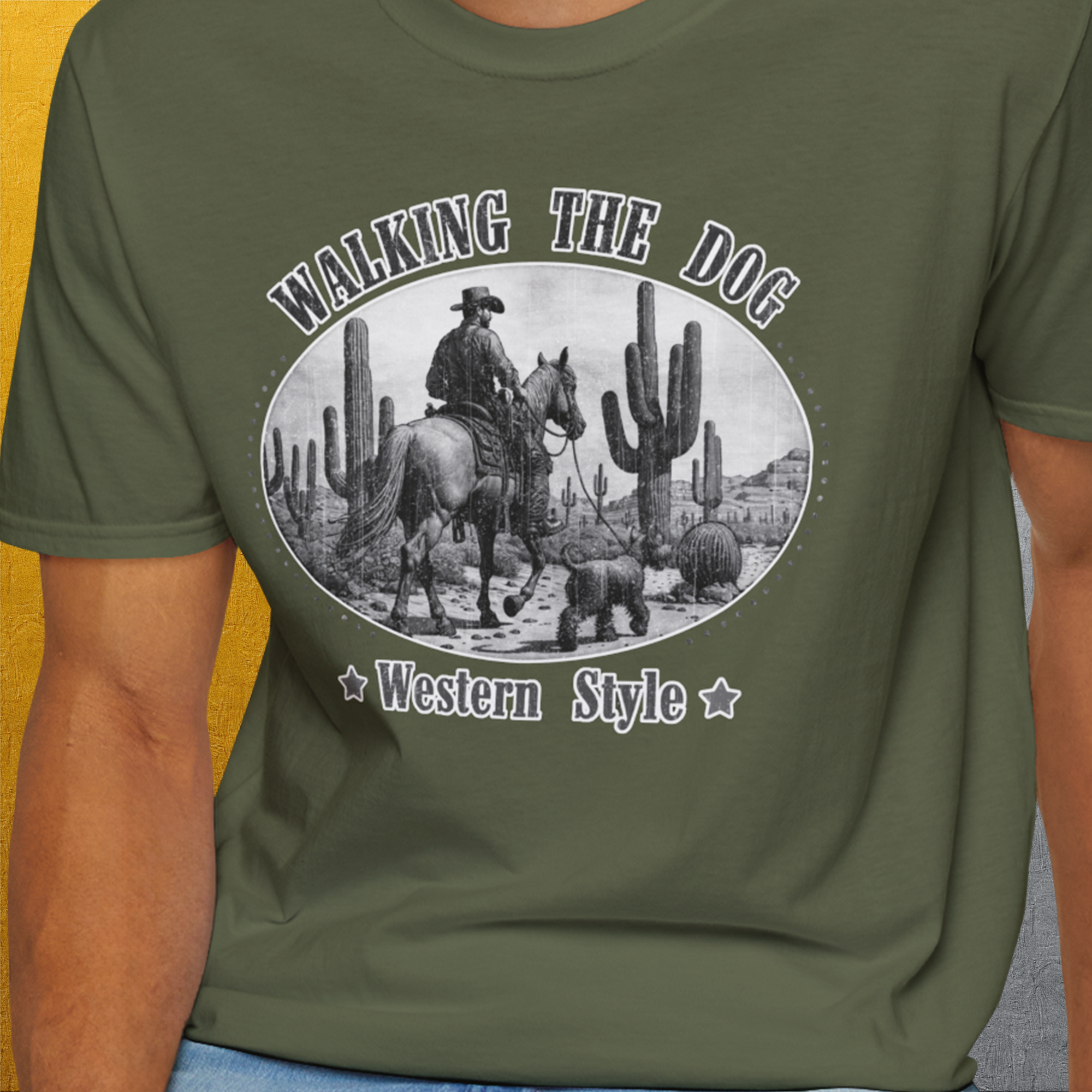 Walking The Dog, Western Style, Volume 1, Unisex T-Shirt-, a fun and stylish design for dog lovers from Dog Gang