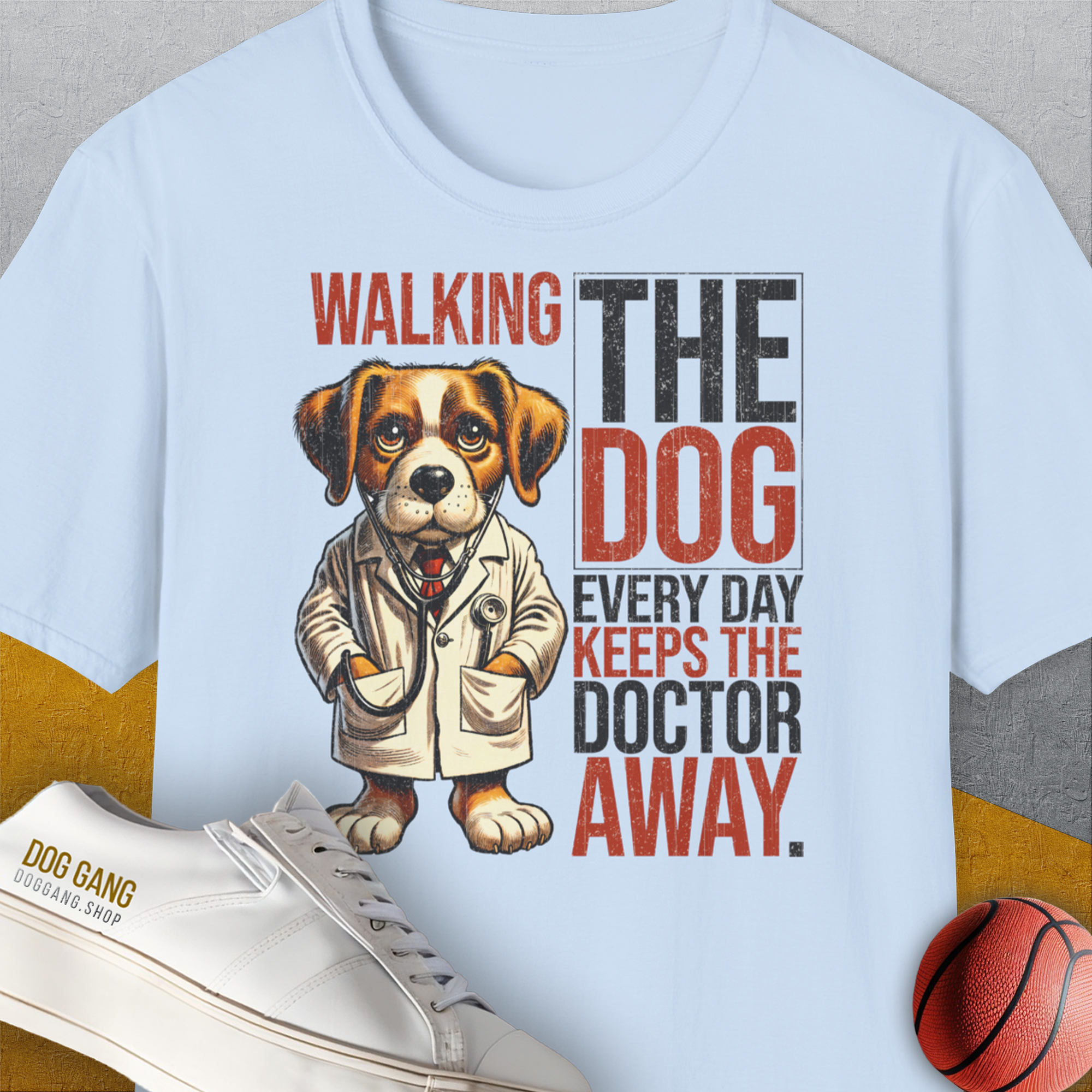 Walking The Dog Every Day Keeps The Doctor Away, Volume 1, Unisex T-Shirt-Light Blue-originelles und lustiges Hundeshirt, Design by Dog Gang