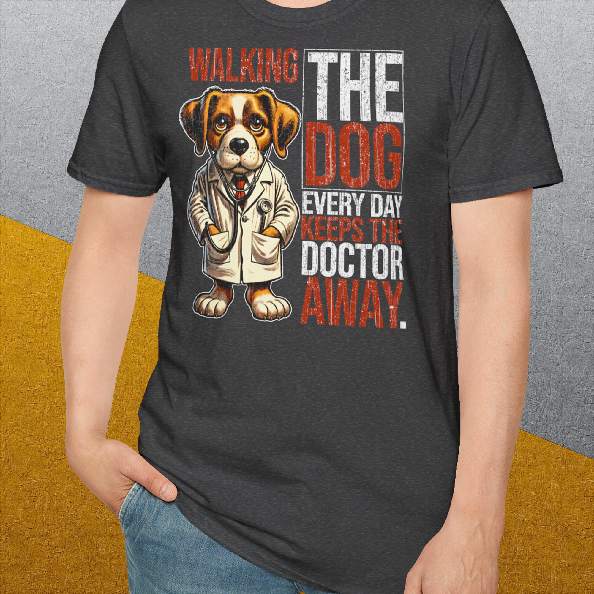 Das Unisex-T-Shirt „Walking The Dog Every Day Keeps The Doctor Away, Volume 1“ besteht aus weicher 100 % Baumwolle und zeigt einen Cartoon-Hund im Arztrkittel mit verspieltem Text, der Komfort und Charme vereint.