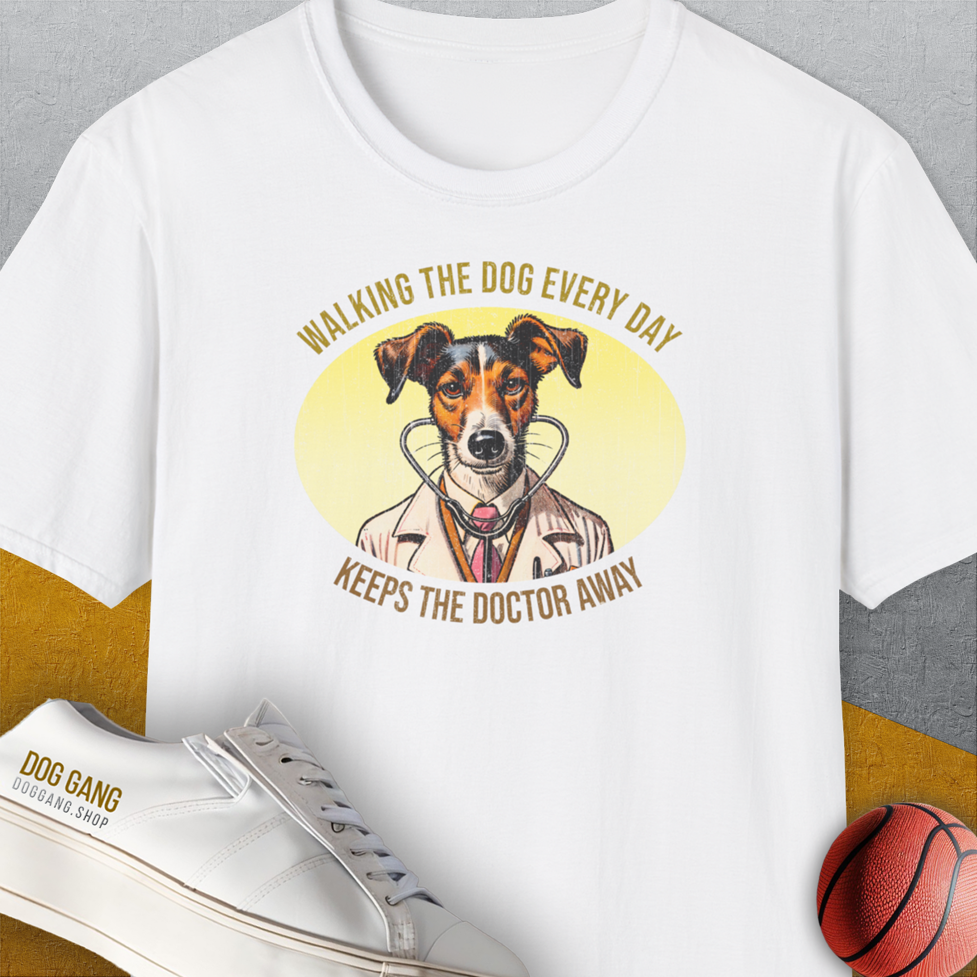 Walking The Dog Every Day Keeps The Doctor Away, Volume 2, Unisex T-Shirt-White-lustiges Shirt für Hundeliebhaber, Design by Dog Gang
