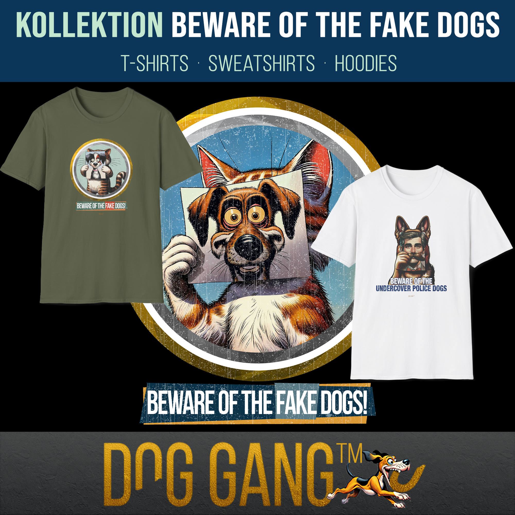 Bild für eine Bekleidungskollektion mit dem Titel „Beware of the Fake Dogs“ mit zwei T-Shirts mit Cartoon-Hundeillustrationen. In der Mitte prominent eine Grafik aus der Kollektion, zeig eine Katze, die sich ein Hundeportrait vor das Gesicht hält. 