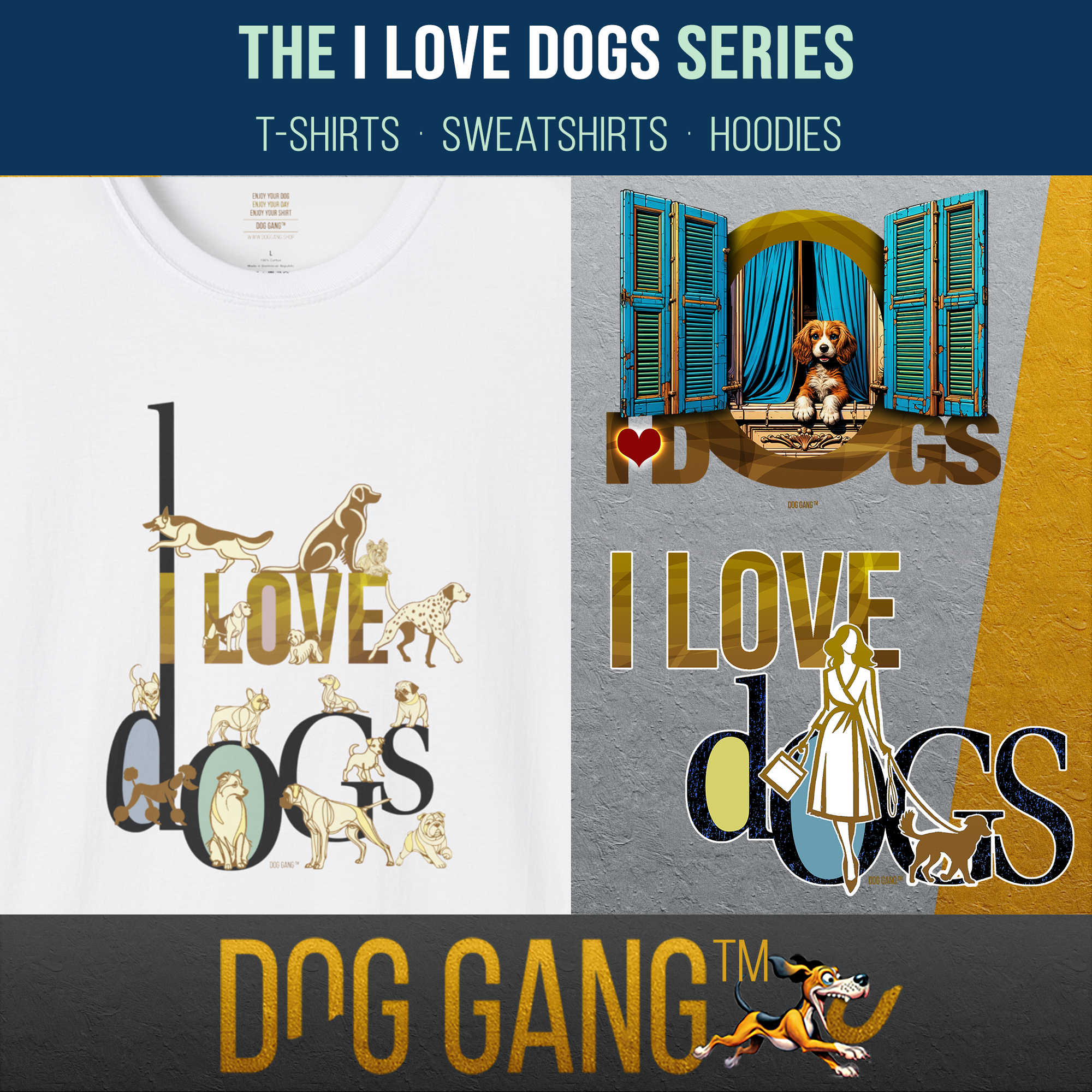 Image for "I LOVE DOGS" collection. The main image on the left shows the graphic design of a T-shirt I LOVE DOGS and dachshunds, dalmatians, poodles, golden retrievers and other dog breeds. On the right are two other graphics from the same collection.