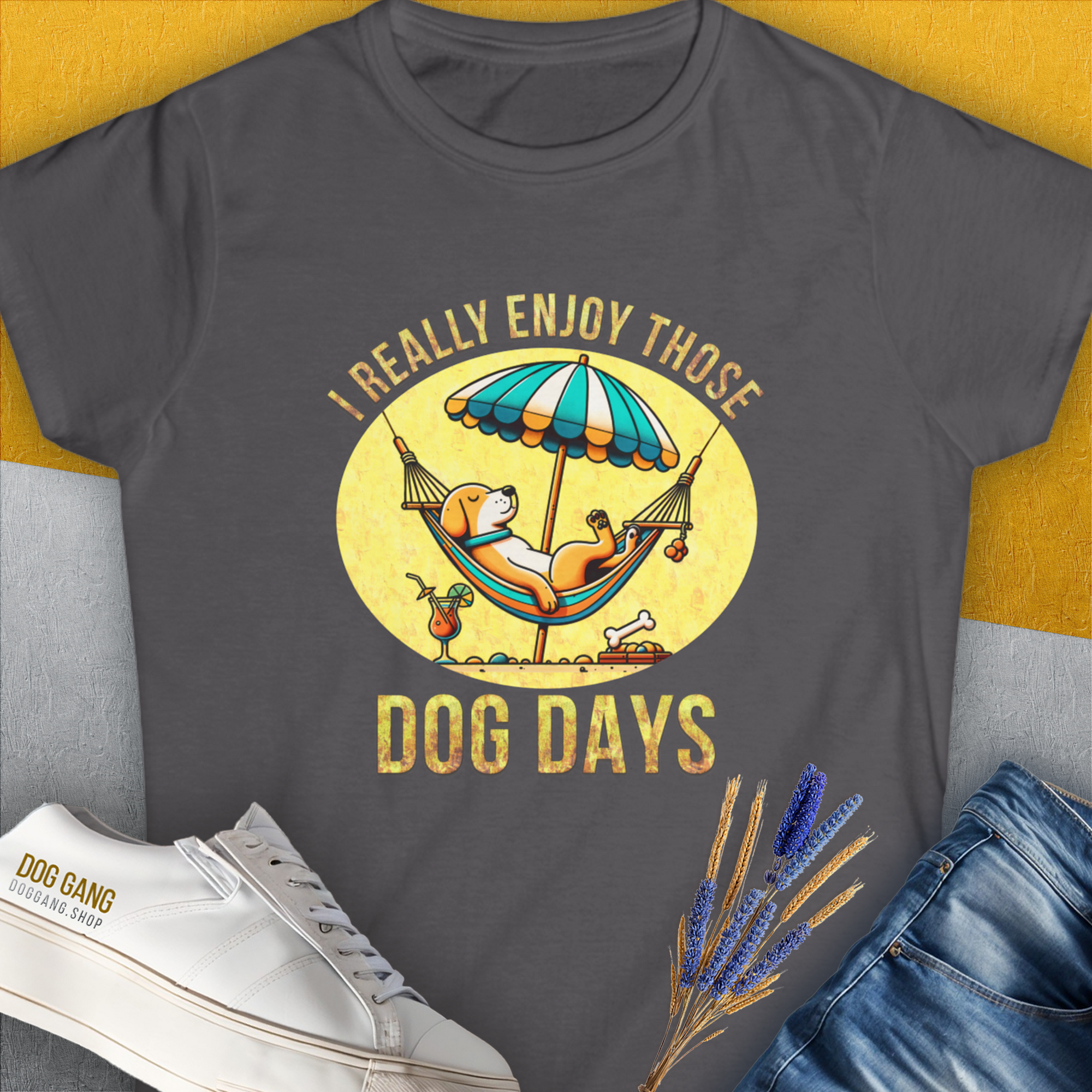 I Really Enjoy Those Dog Days, Women's T-Shirt-Charcoal. A dog-themed Design from Dog Gang