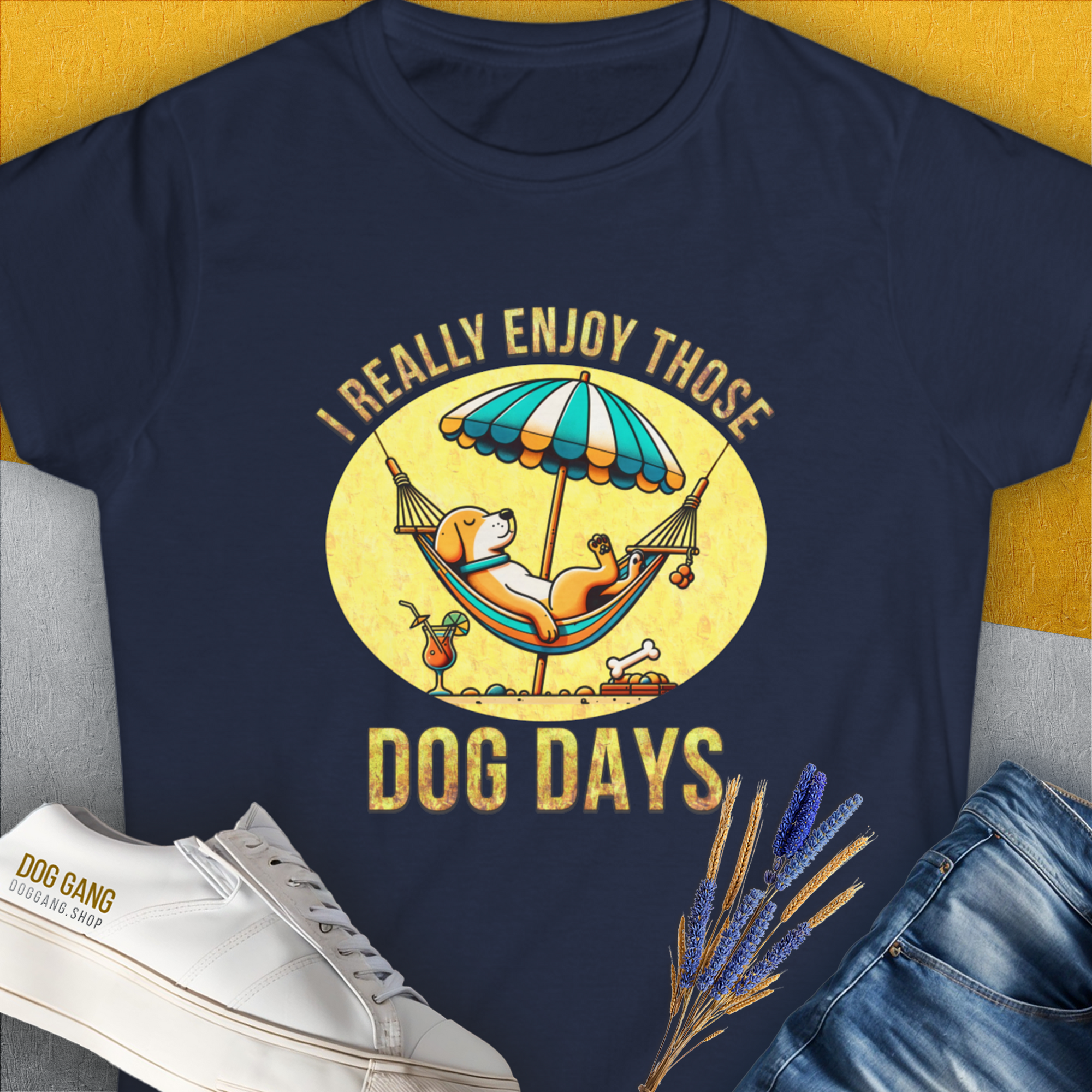 I Really Enjoy Those Dog Days, Women&#39;s T-Shirt-Navy, a cool and stylish design with a funny saying from Dog Gang