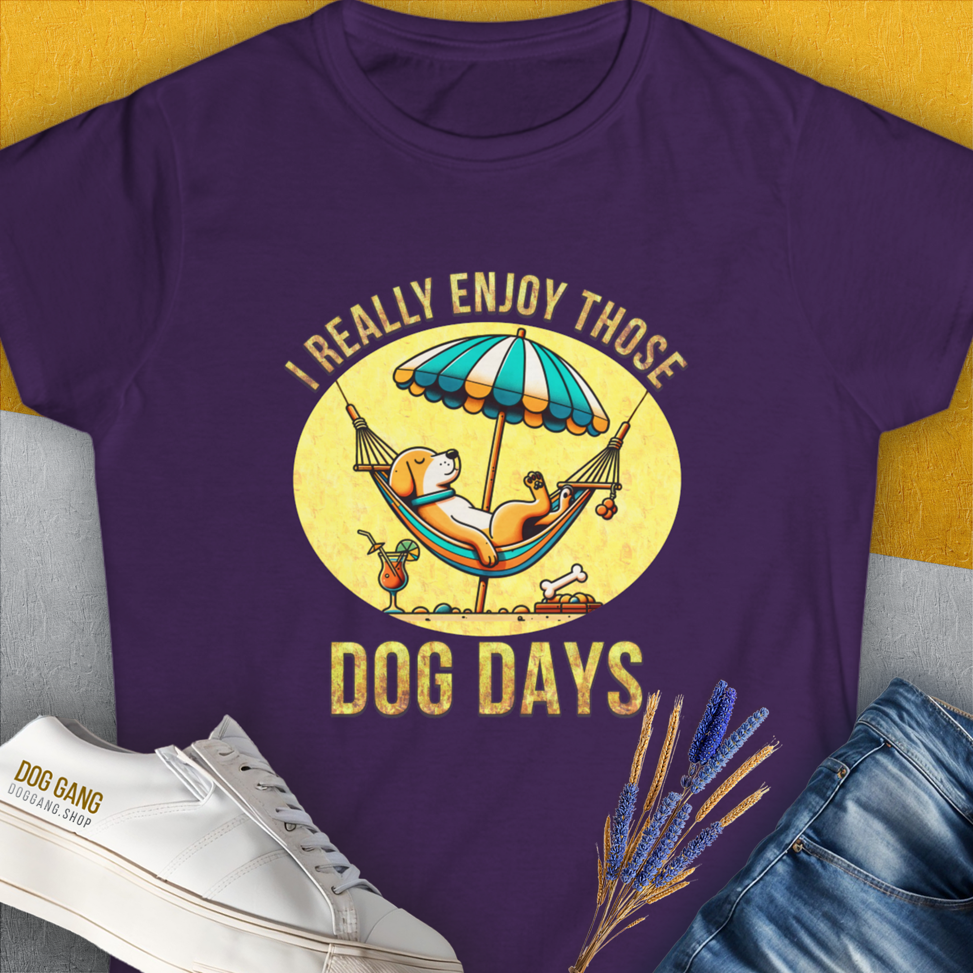 I Really Enjoy Those Dog Days, Women&#39;s T-Shirt-Purple. A perfect gift for dog lovers and dog owners. Design by Dog Gang