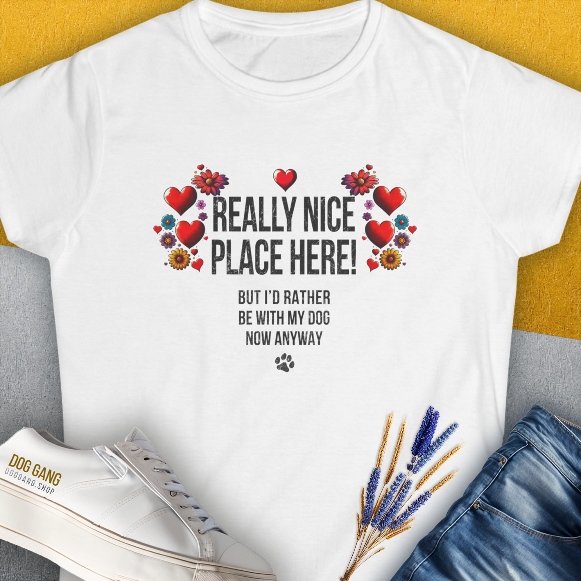 Really Nice Place Here, Women's T-Shirt-White. For dog lovers and dog owners. Design by Dog Gang