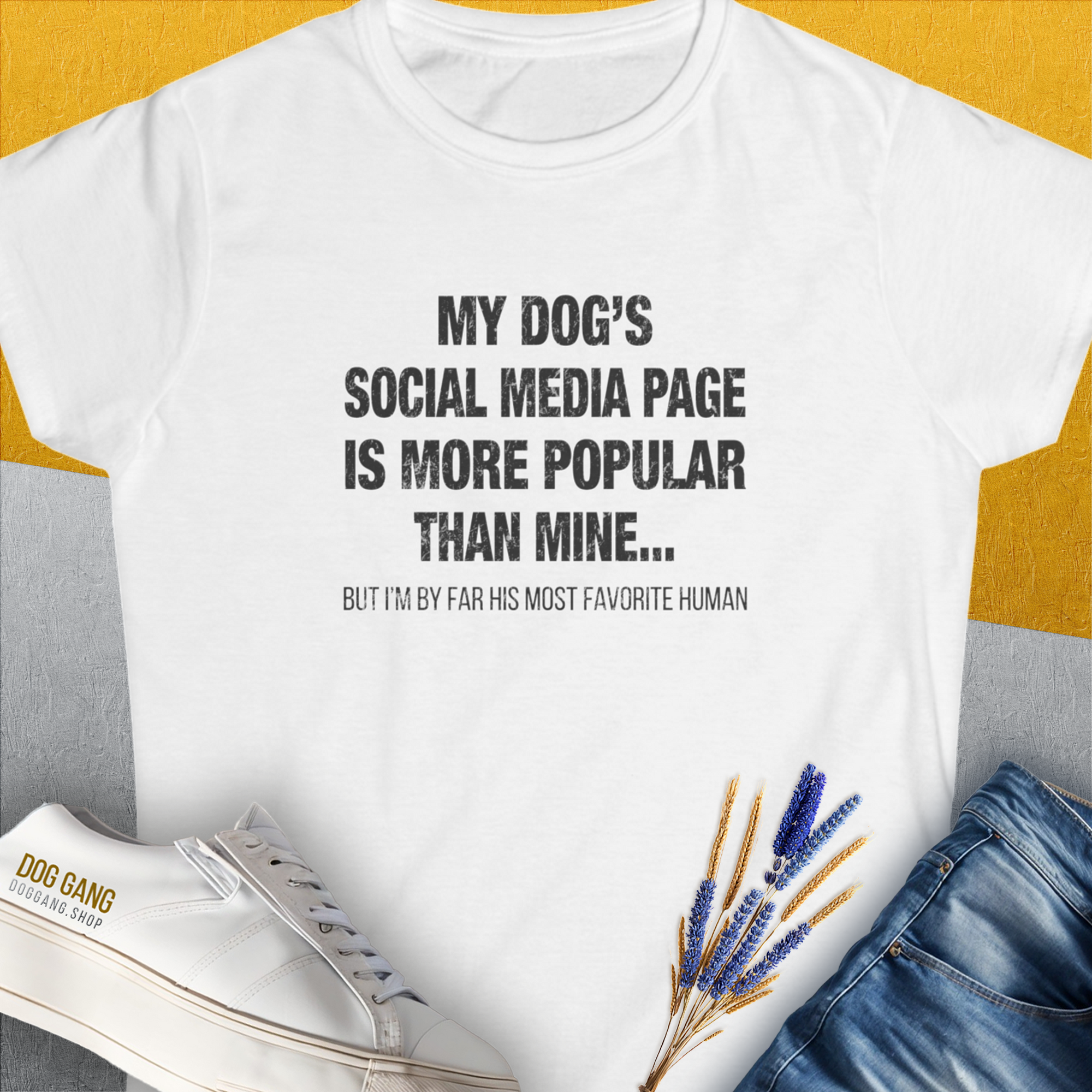 My Dogs Social Media Page Is More Popular Than Mine, Women's T-Shirt-White. For dog lovers and dog owners. Design by Dog Gang