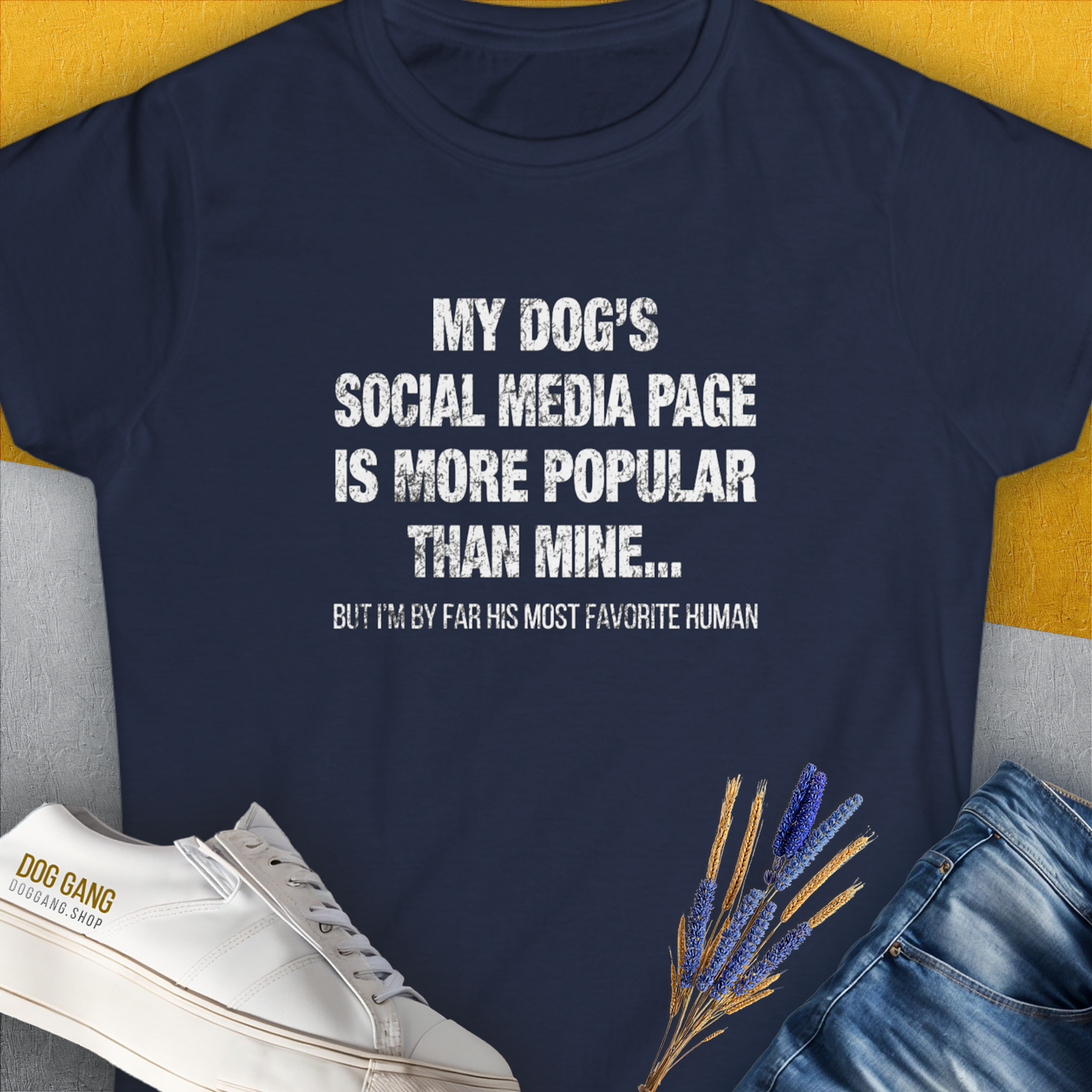 My Dogs Social Media Page Is More Popular Than Mine, Women&#39;s T-Shirt-Navy, a cool and stylish design with a funny saying from Dog Gang