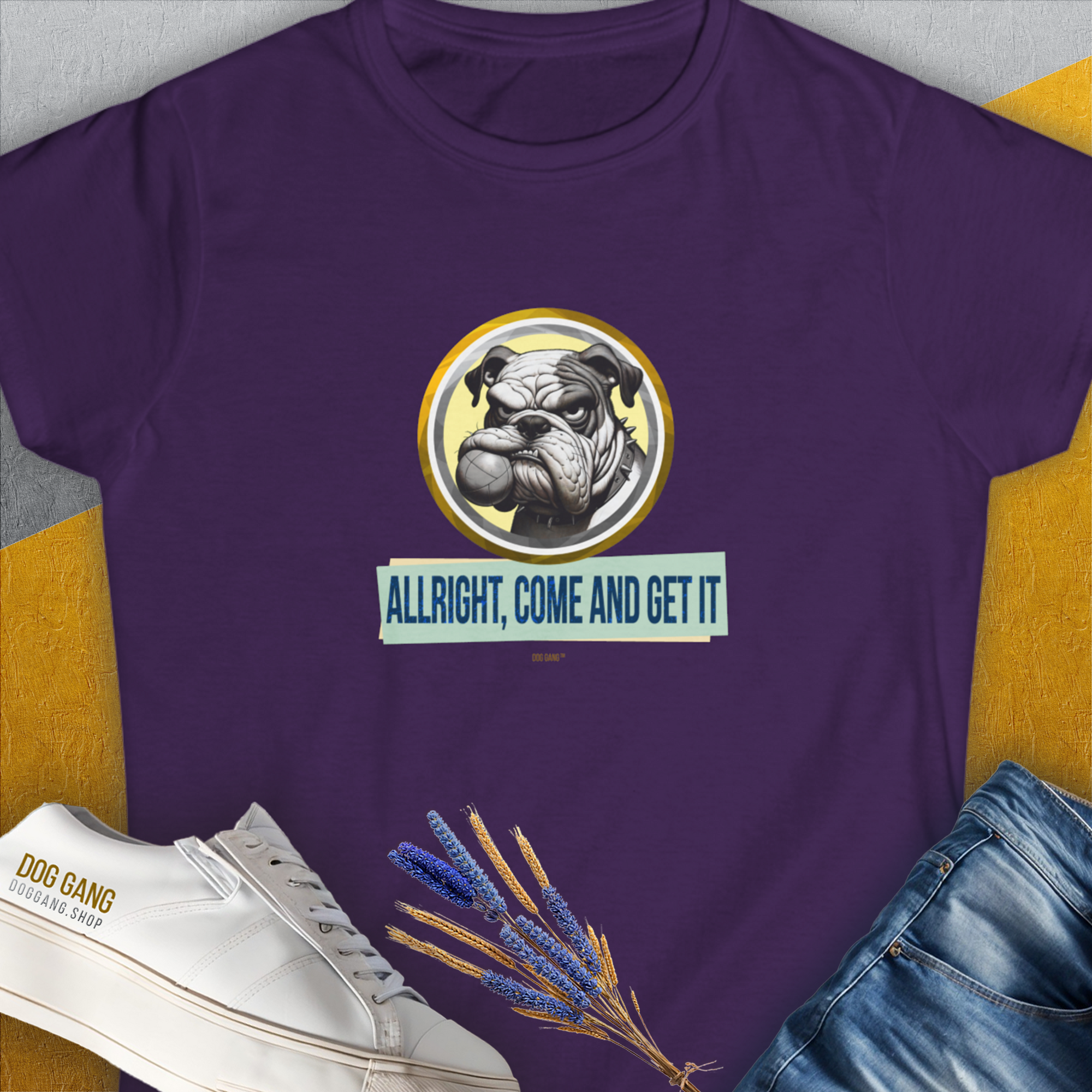 Allright Come And Get It, Volume 1, Women&#39;s T-Shirt-Purple, a cool and stylish design with a funny saying from Dog Gang