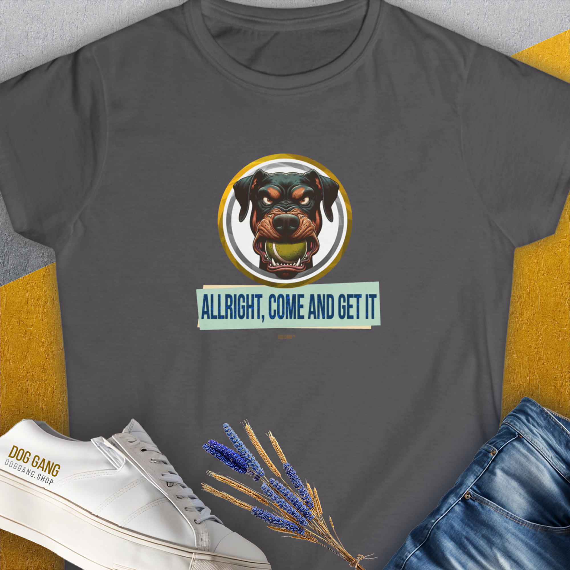 Allright Come And Get It, Volume 2, Women's T-Shirt-Charcoal. For dog lovers and dog owners. Design by Dog Gang