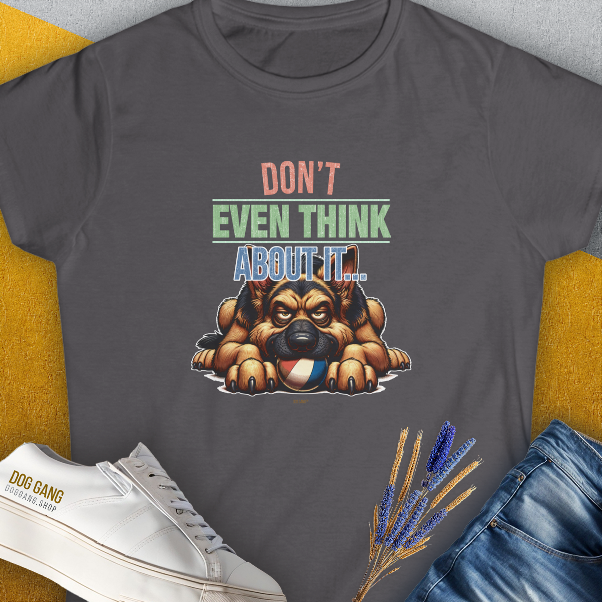 Don't Even Think About It..., Volume 4, Women's T-Shirt-Charcoal. A dog-themed Design from Dog Gang