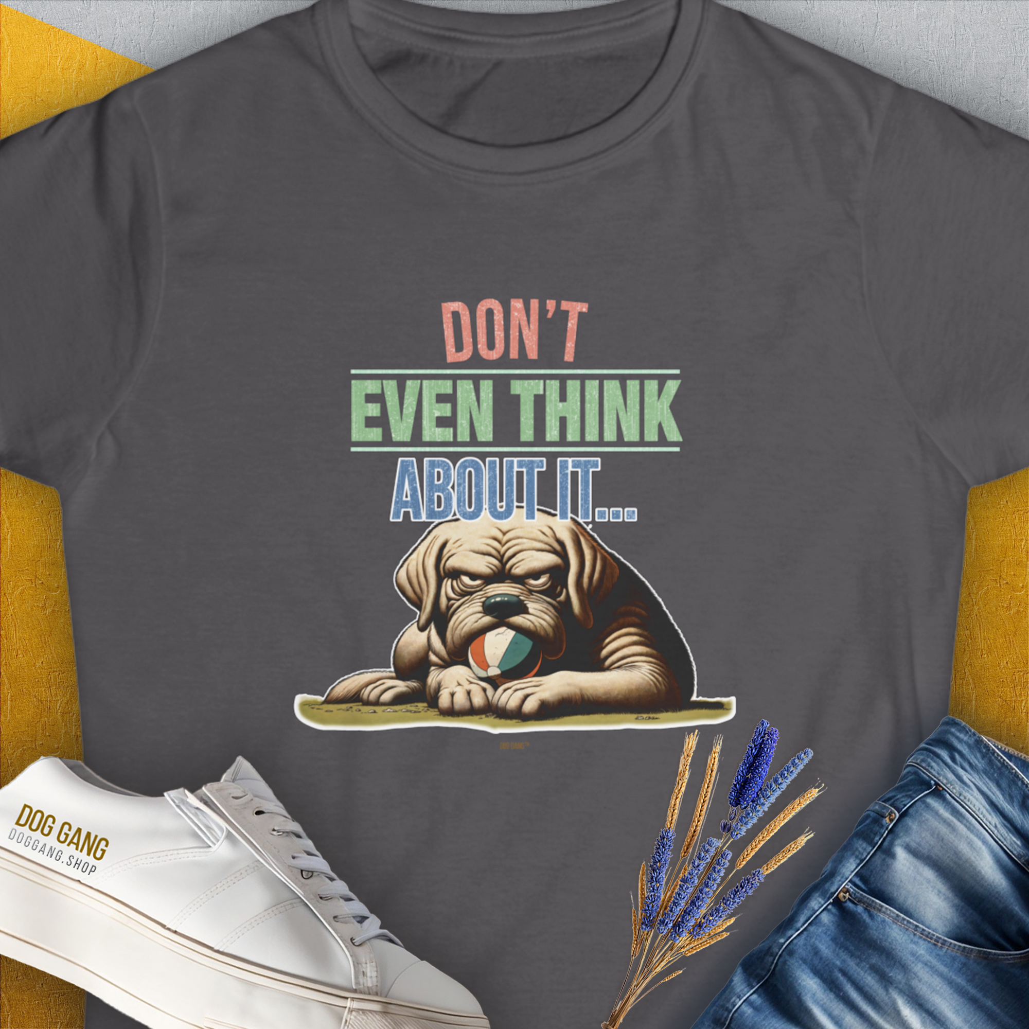 Don't Even Think About It..., Volume 6, Women's T-Shirt-Charcoal. A dog-themed Design from Dog Gang