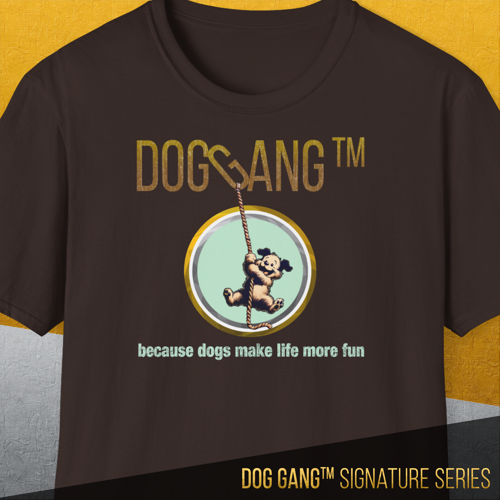 A dark chocolate unisex T-shirt from the Dog Gang™ Signature Series, Volume 3, features playful DOG GANG™ text with a dog on a rope in a circle. Made from soft-style Baumwolle for comfort and fun.