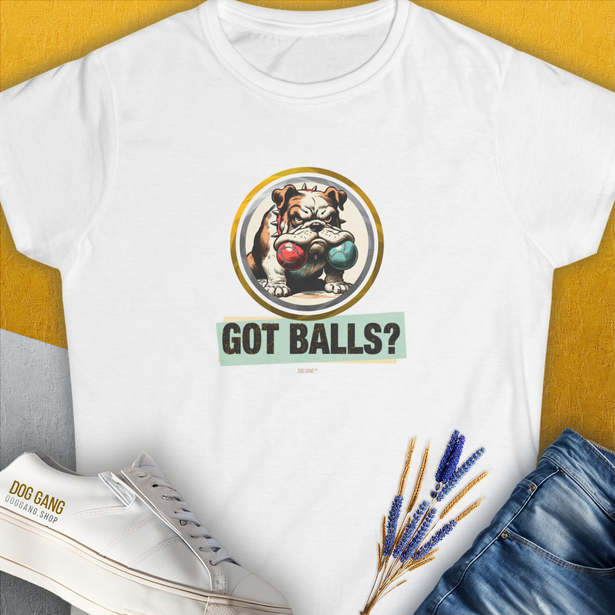 Got Balls? Volume 1, Women's T-Shirt-White. For dog lovers and dog owners. Design by Dog Gang