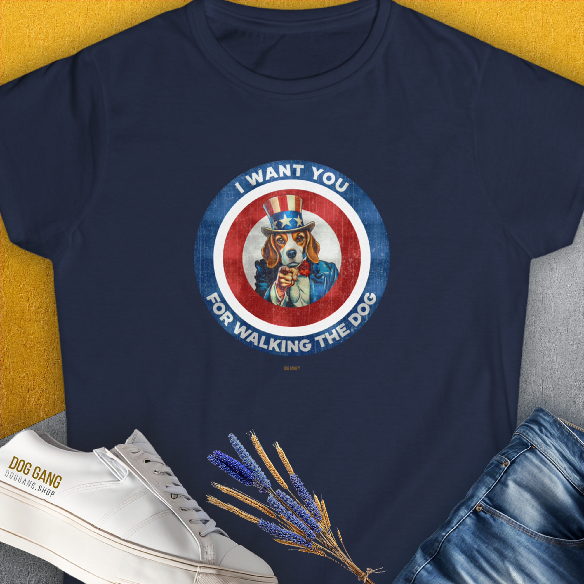I Want You For Walking The Dog, Volume 1, Women's T-Shirt-Navy. A dog-themed Design from Dog Gang