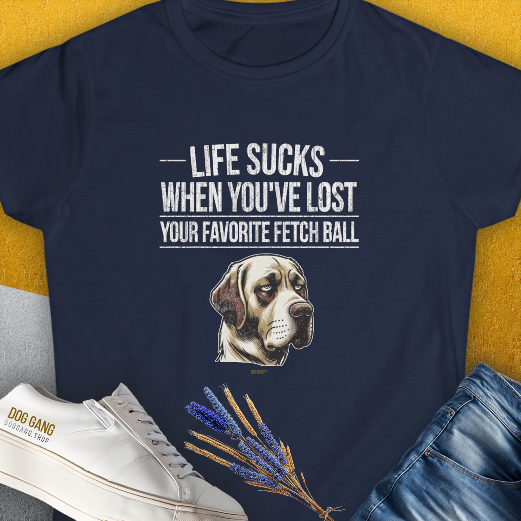 Life Sucks When You've Lost Your Favorite Fetch Ball, Volume 1, Women's T-Shirt-Navy. A dog-themed Design from Dog Gang