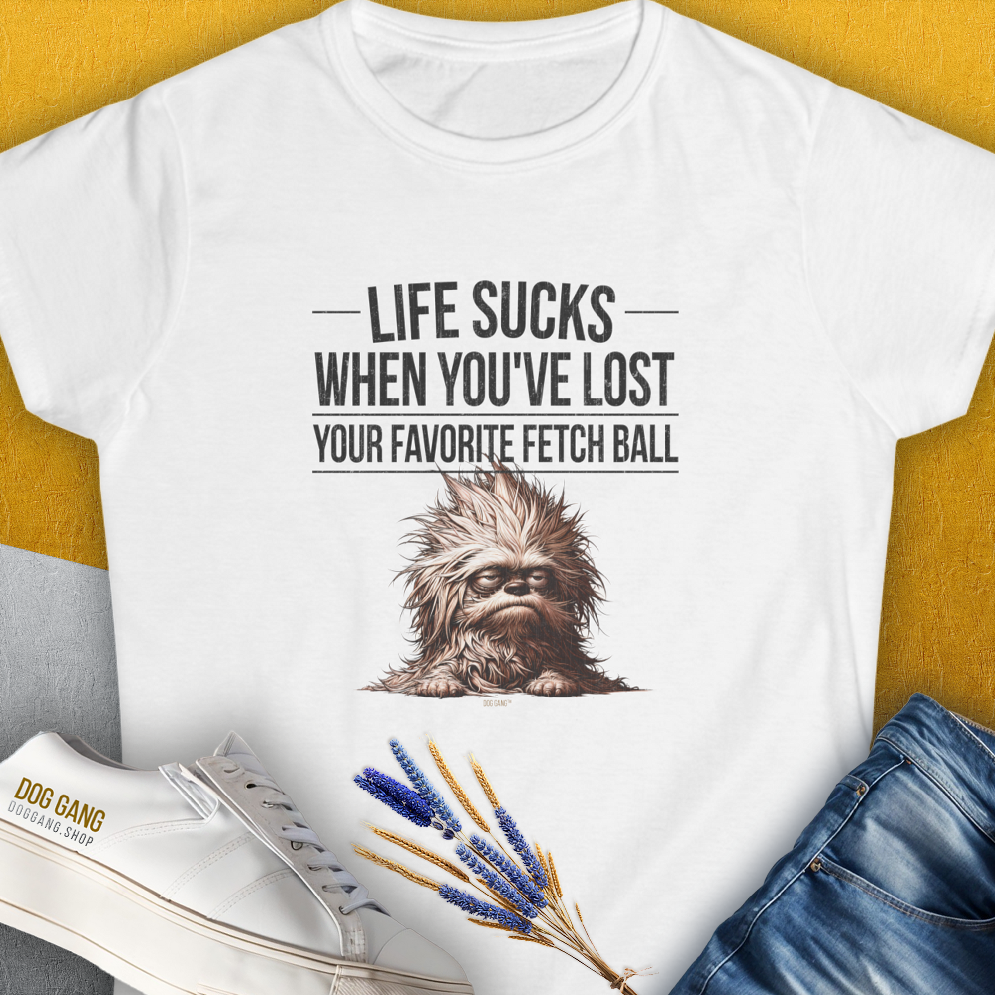 Life Sucks When You've Lost Your Favorite Fetch Ball, Volume 3, Women's T-Shirt-White. For dog lovers and dog owners. Design by Dog Gang