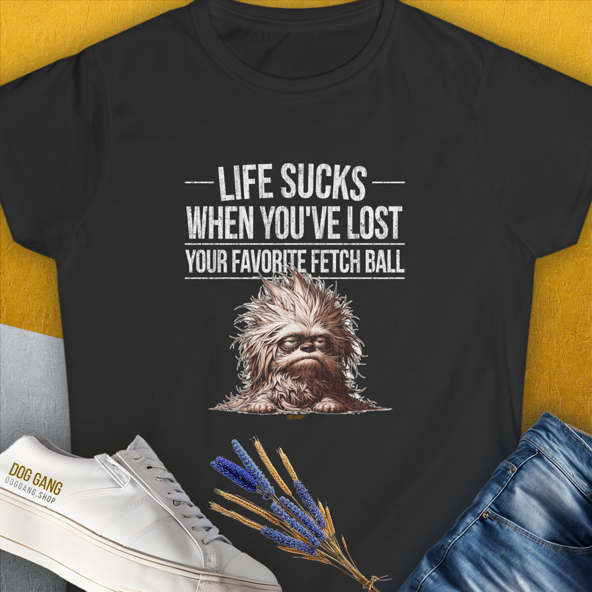 Life Sucks When You&#39;ve Lost Your Favorite Fetch Ball, Volume 3, Women&#39;s T-Shirt-Black. A perfect gift for dog lovers and dog owners. Design by Dog Gang