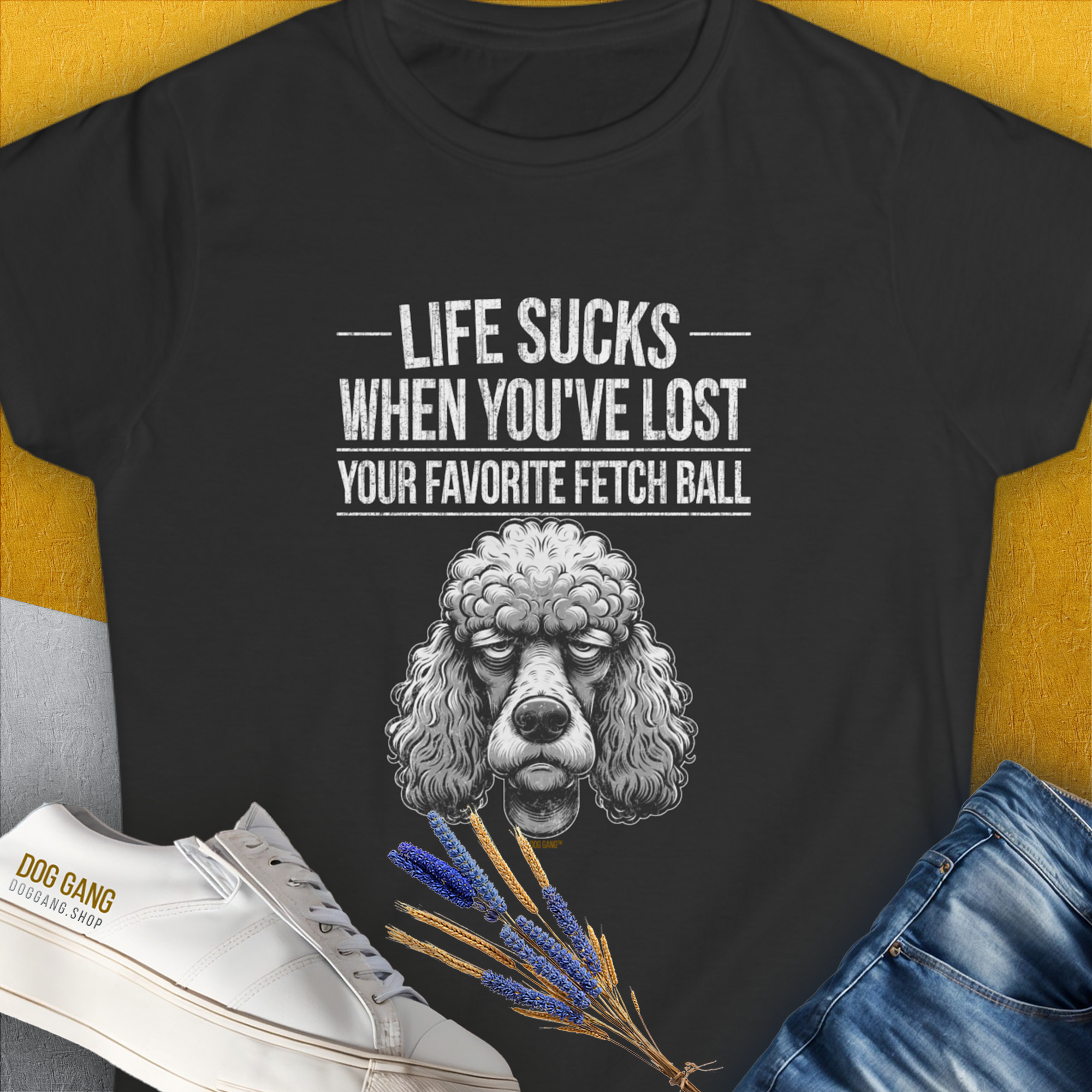Life Sucks When You&#39;ve Lost Your Favorite Fetch Ball, Volume 7, Women&#39;s T-Shirt-Black. A perfect gift for dog lovers and dog owners. Design by Dog Gang