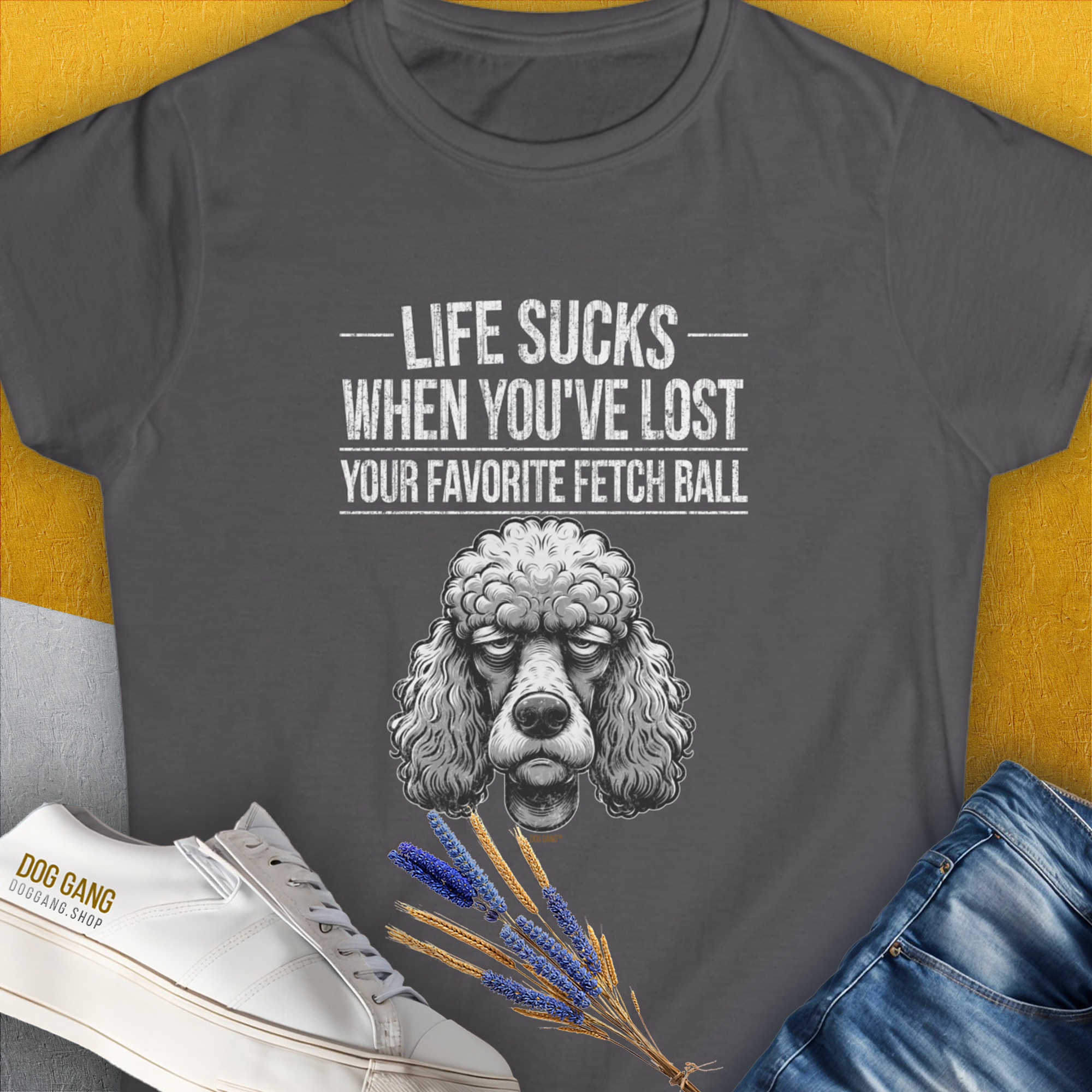 Life Sucks When You've Lost Your Favorite Fetch Ball, Volume 7, Women's T-Shirt-Charcoal. A dog-themed Design from Dog Gang