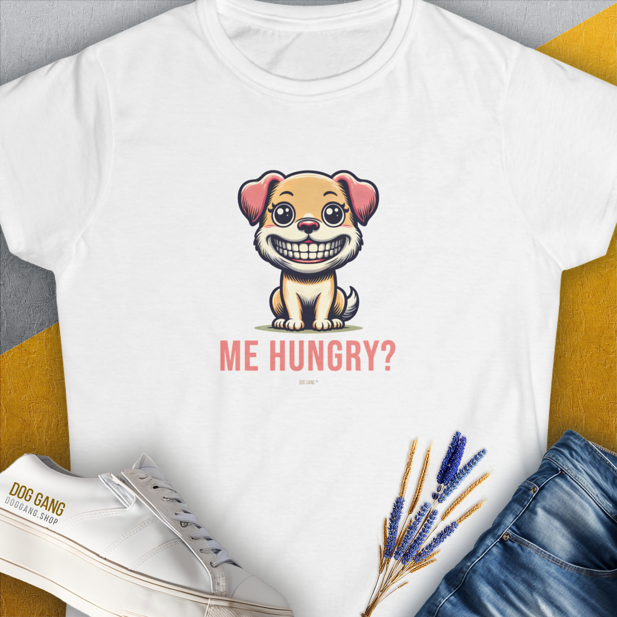 Me Hungry? Volume 1, Women's T-Shirt-White. For dog lovers and dog owners. Design by Dog Gang