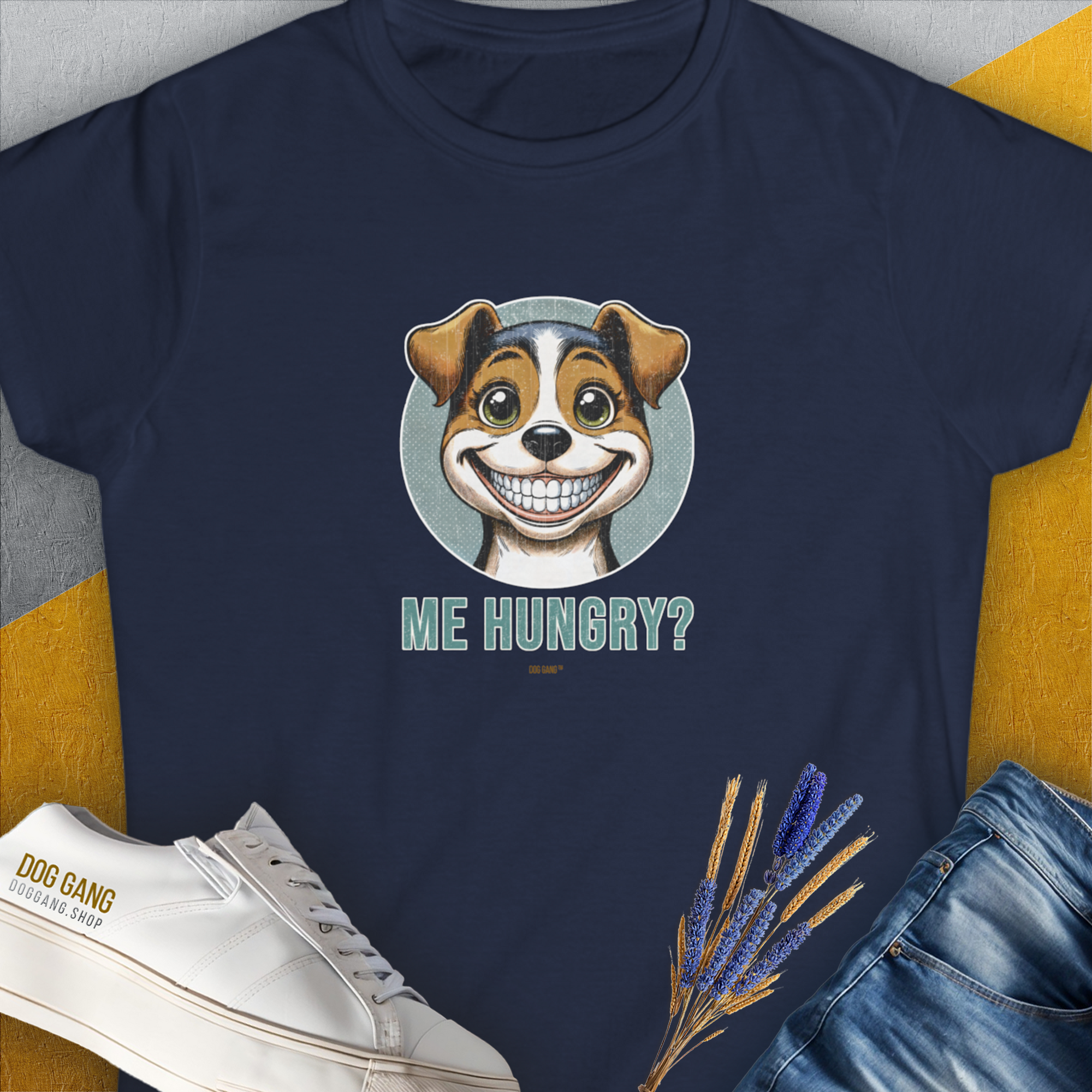Me Hungry? Volume 4, Women's T-Shirt-Navy. A dog-themed Design from Dog Gang