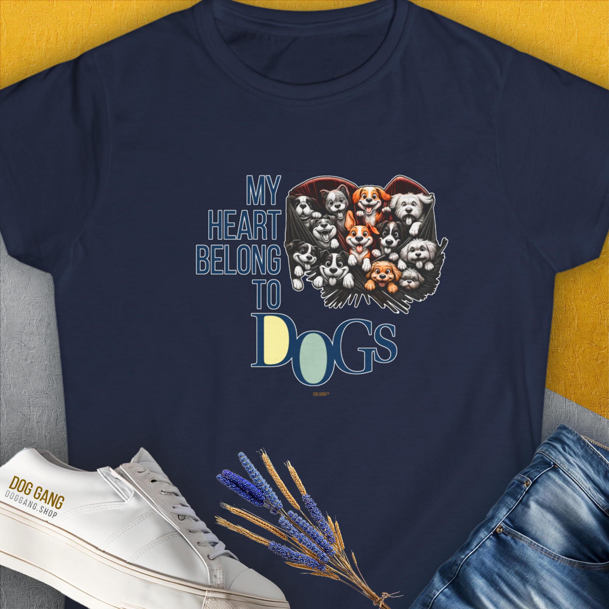 My Heart Belong To Dogs, Volume 1, Women's T-Shirt-Navy. A dog-themed Design from Dog Gang