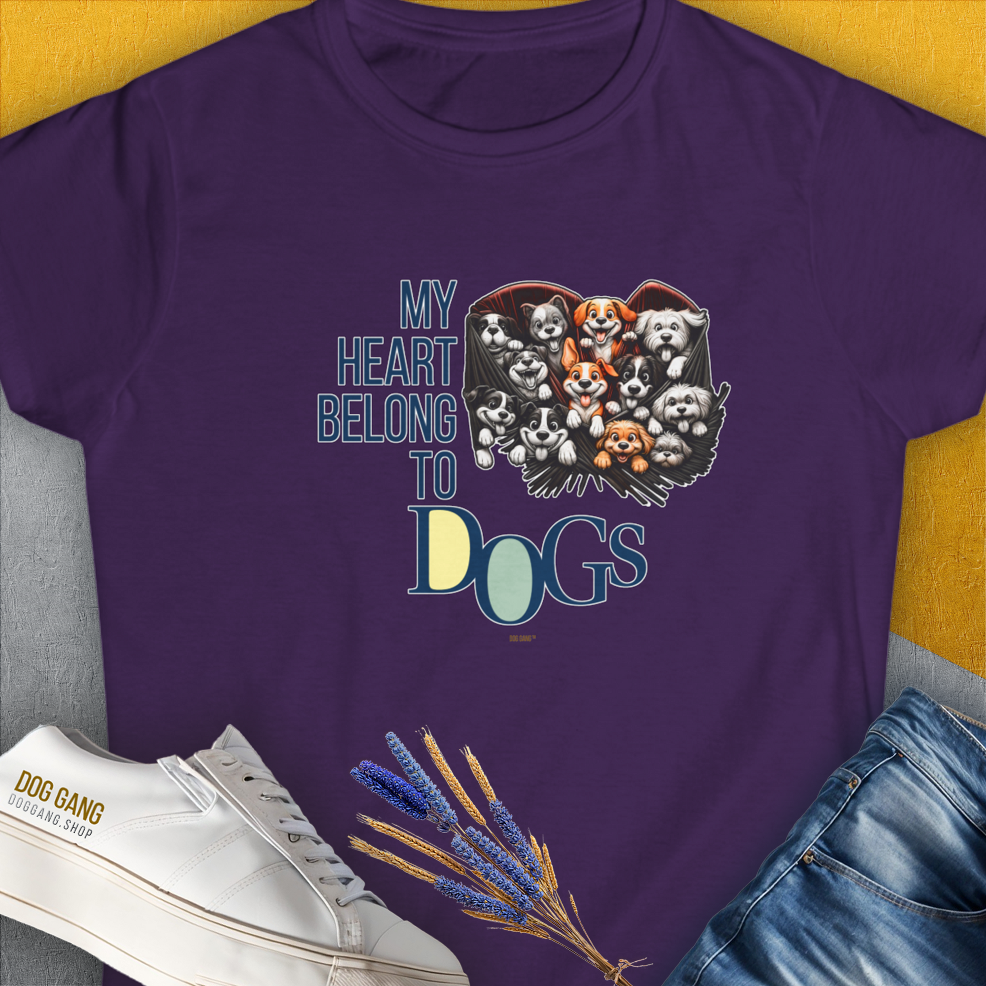 My Heart Belong To Dogs, Volume 1, Women&#39;s T-Shirt-Purple, a cool and stylish design with a funny saying from Dog Gang
