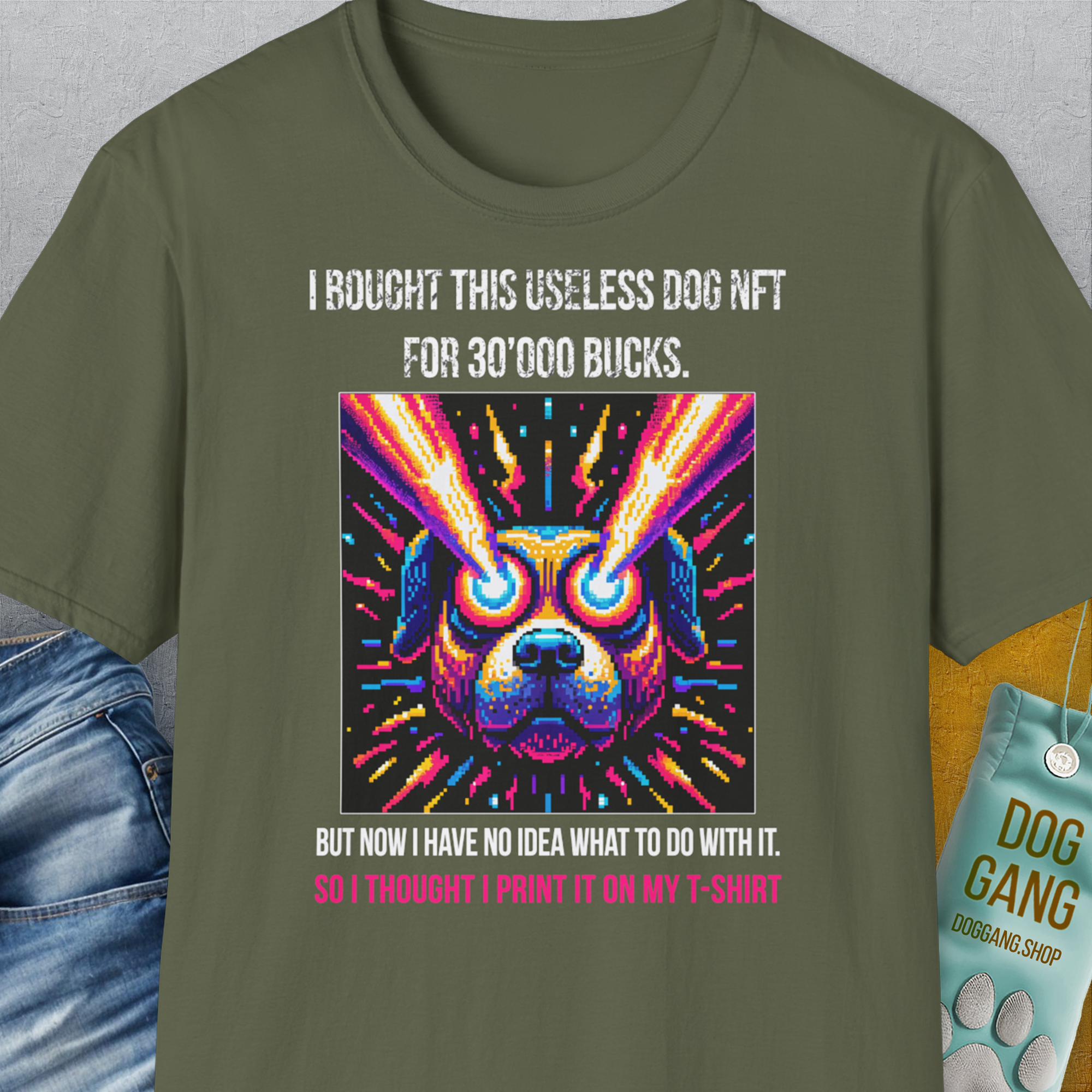 NFT Series, Volume 1, Unisex T-Shirt-Military Green. A perfect gift for dog lovers and dog owners. Design by Dog Gang