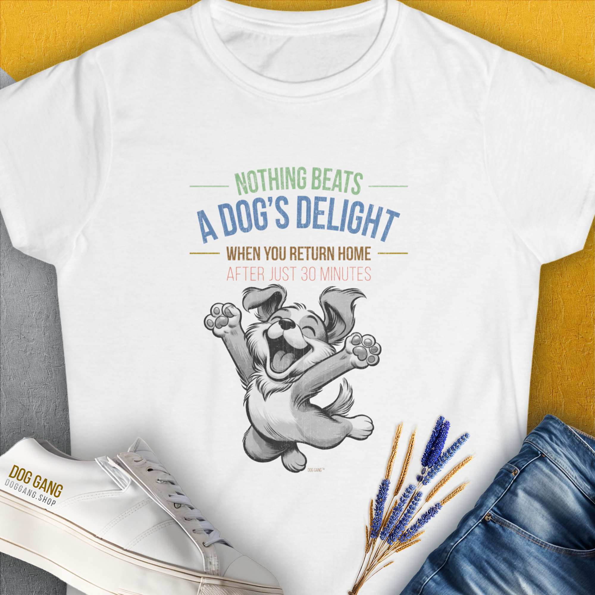 Nothing Beats A Dog's Delight When You Return Home, Volume 1, Women's T-Shirt-White. For dog lovers and dog owners. Design by Dog Gang