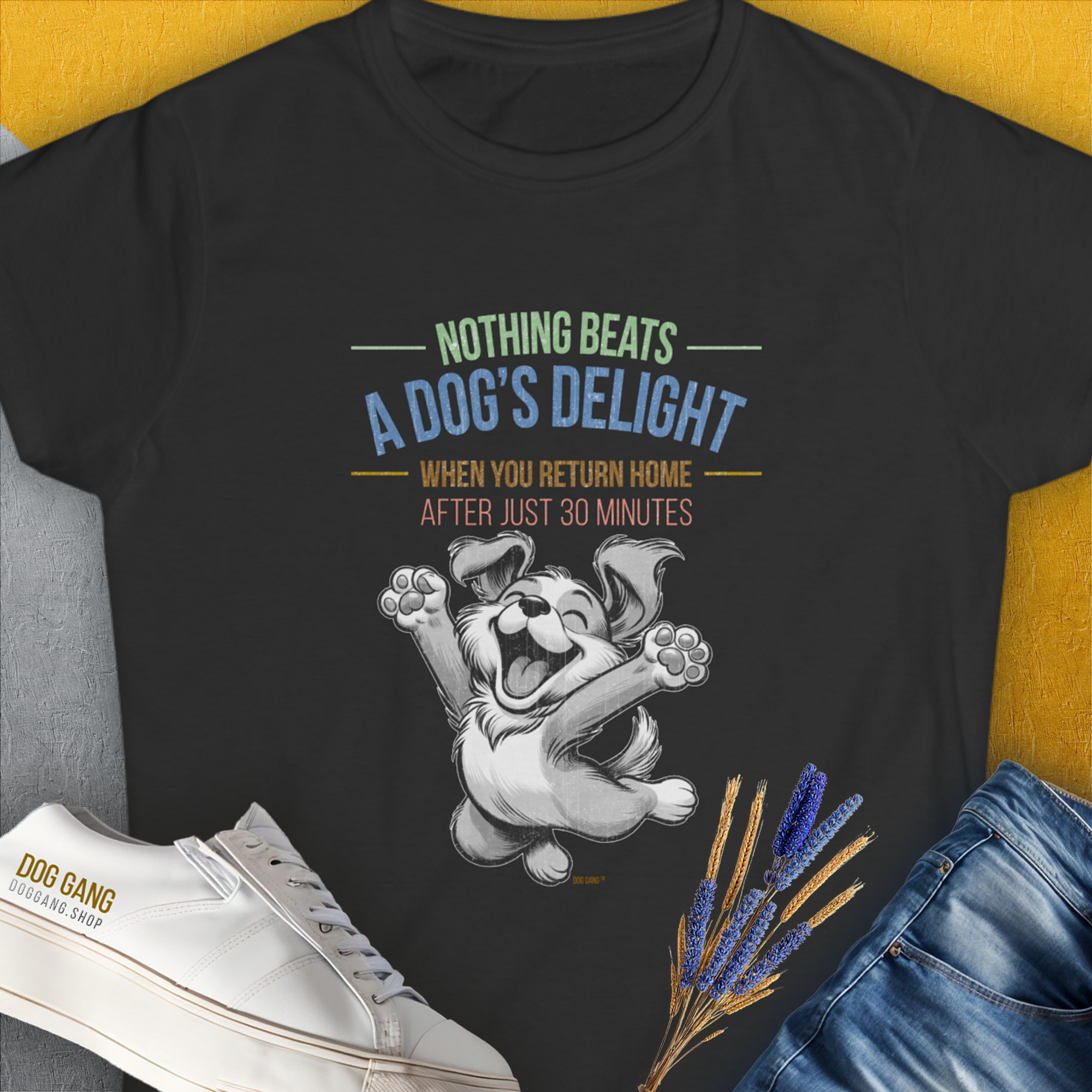 Nothing Beats A Dog&#39;s Delight When You Return Home, Volume 1, Women&#39;s T-Shirt-Black. A perfect gift for dog lovers and dog owners. Design by Dog Gang