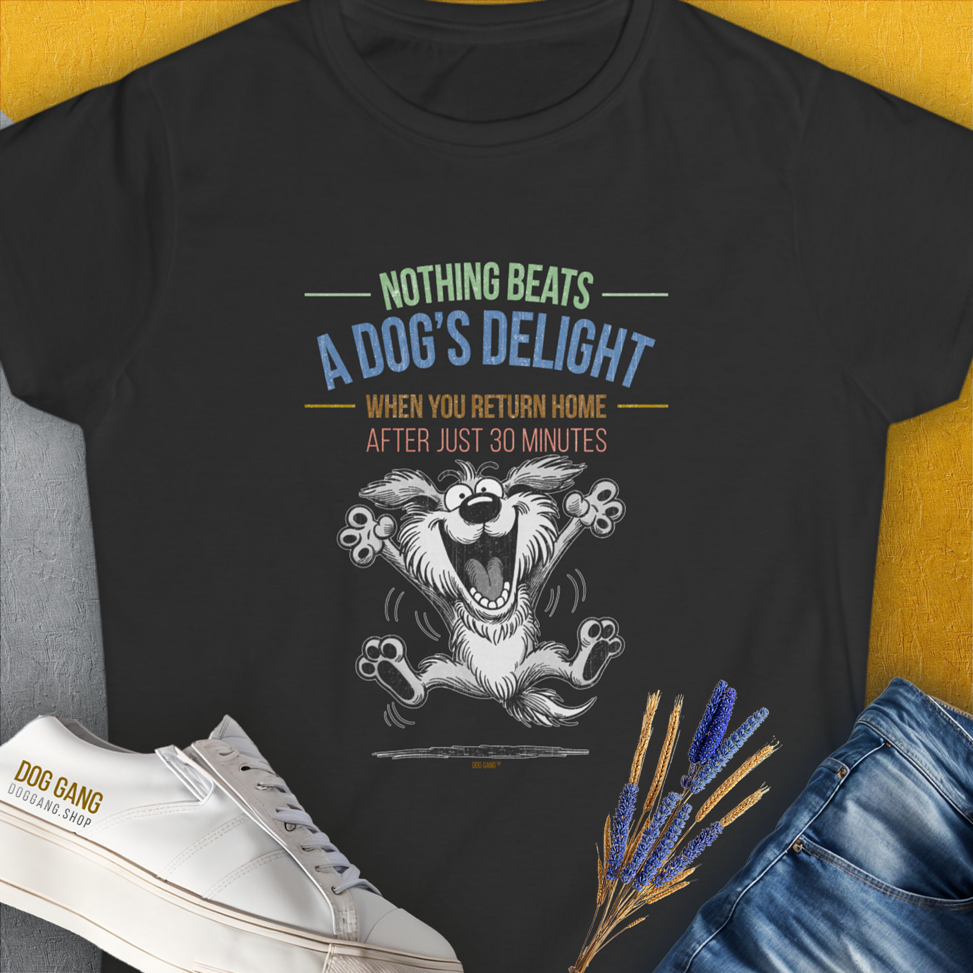 Nothing Beats A Dog&#39;s Delight When You Return Home, Volume 2, Women&#39;s T-Shirt-Black. A perfect gift for dog lovers and dog owners. Design by Dog Gang