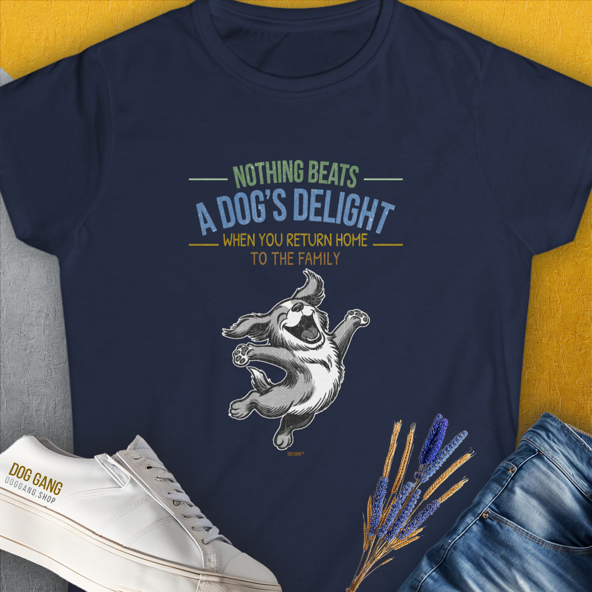 Nothing Beats A Dog&#39;s Delight When You Return Home, Volume 3, Women&#39;s T-Shirt-Navy. A perfect gift for dog lovers and dog owners. Design by Dog Gang