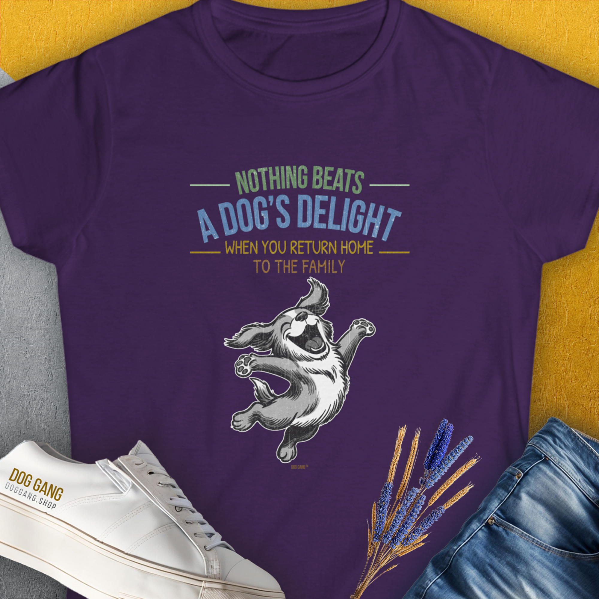Nothing Beats A Dog&#39;s Delight When You Return Home, Volume 3, Women&#39;s T-Shirt-Purple, a cool and stylish design with a funny saying from Dog Gang