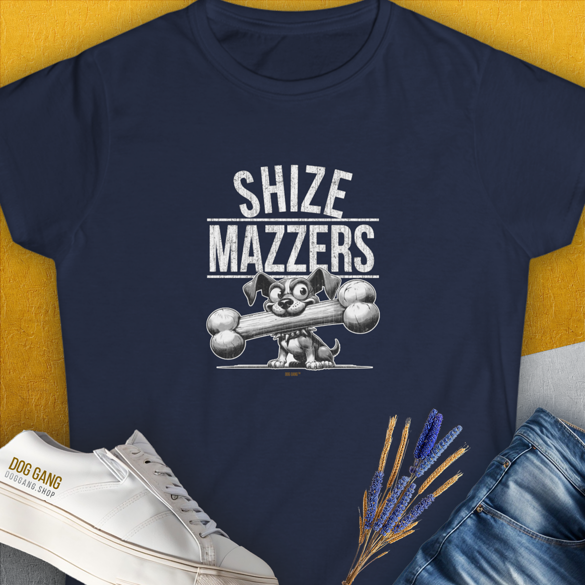 Shize Mazzers, Volume 1, Women's T-Shirt-Navy. A dog-themed Design from Dog Gang