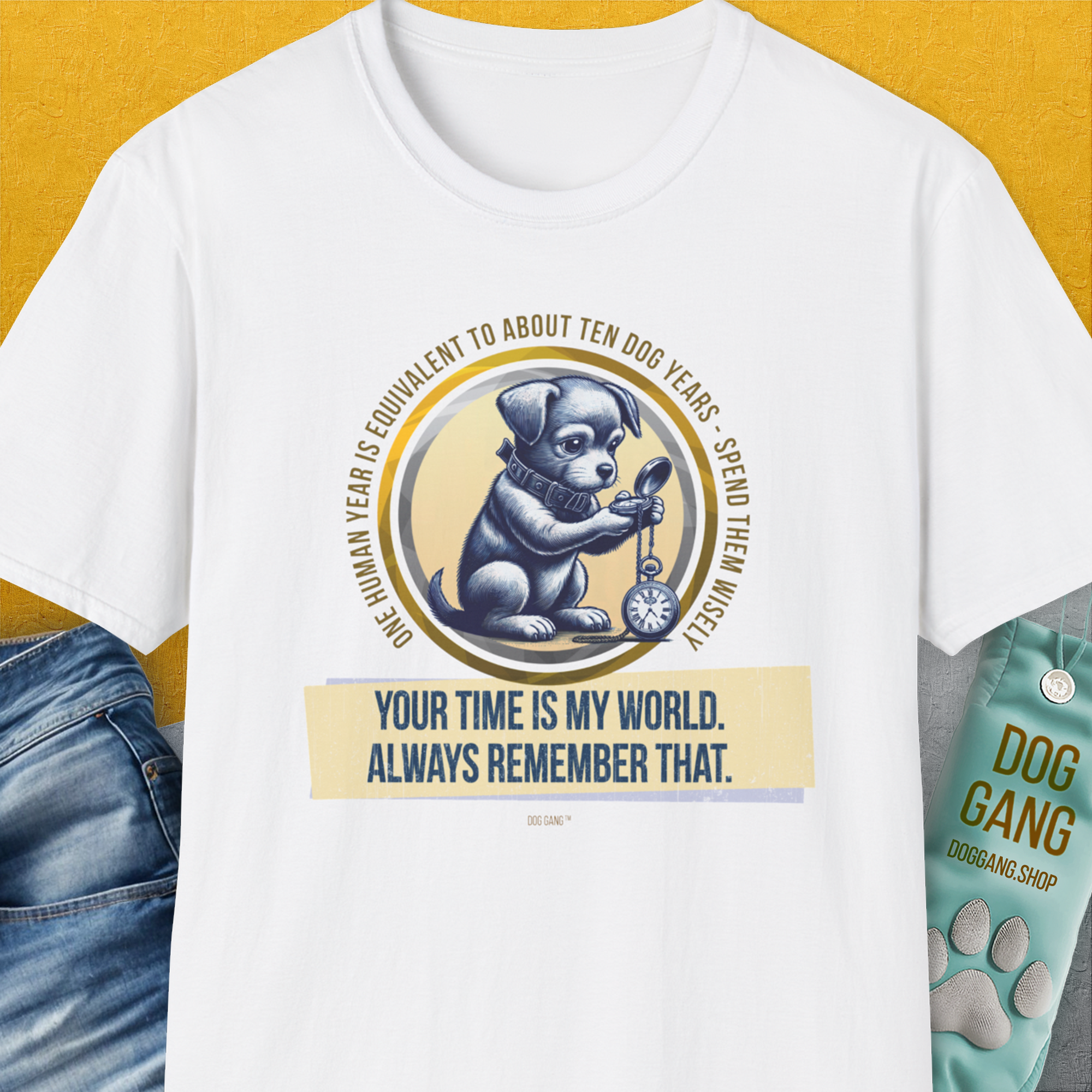 One Human Year = Ten Dog Years, Volume 2, Unisex T-Shirt-White. A perfect gift for dog lovers and dog owners. Design by Dog Gang