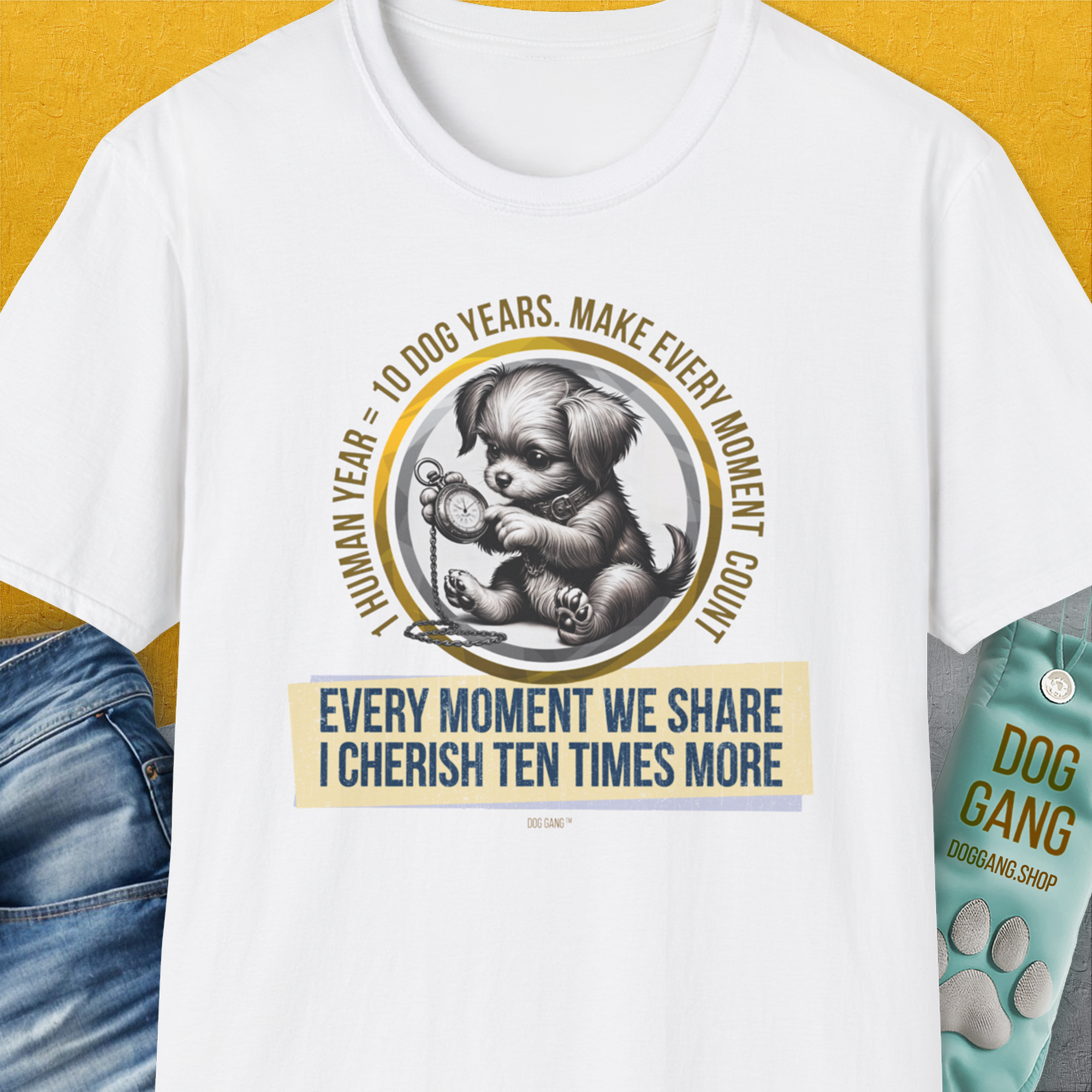 One Human Year = Ten Dog Years, Volume 4, Unisex T-Shirt-White-Design made by Dog Gang
