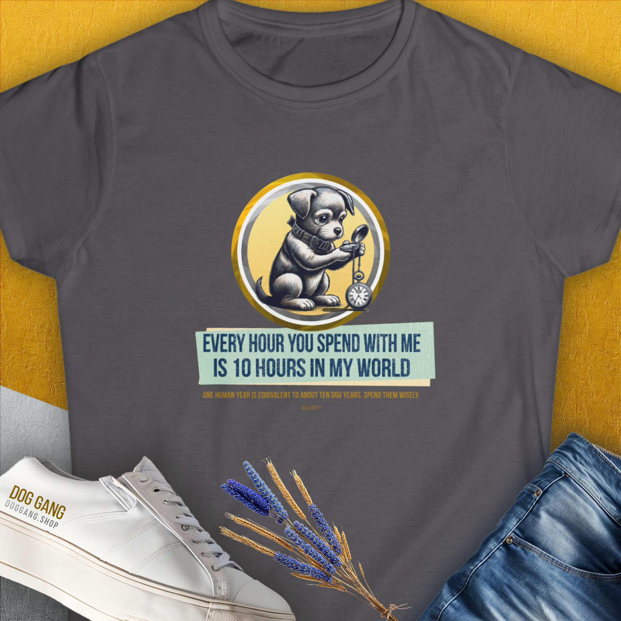 One Human Year = Ten Dog Years, Volume 1, Women's T-Shirt-Charcoal. A dog-themed Design from Dog Gang