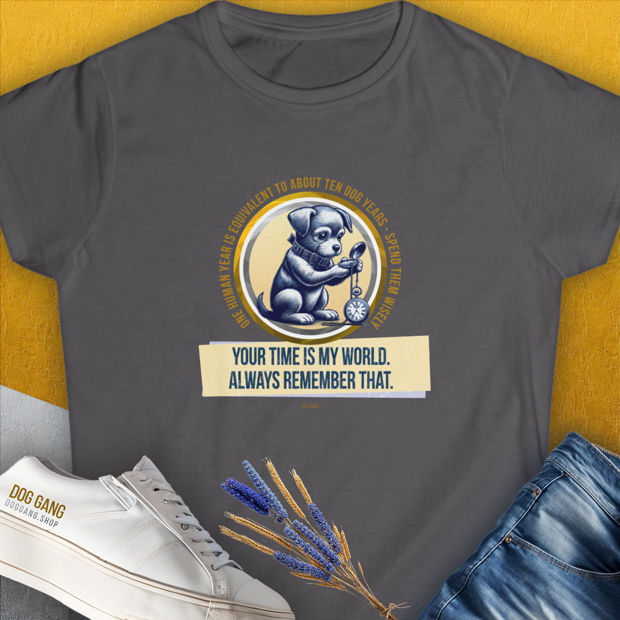 One Human Year = Ten Dog Years, Volume 2, Women's T-Shirt-Charcoal. For dog lovers and dog owners. Design by Dog Gang