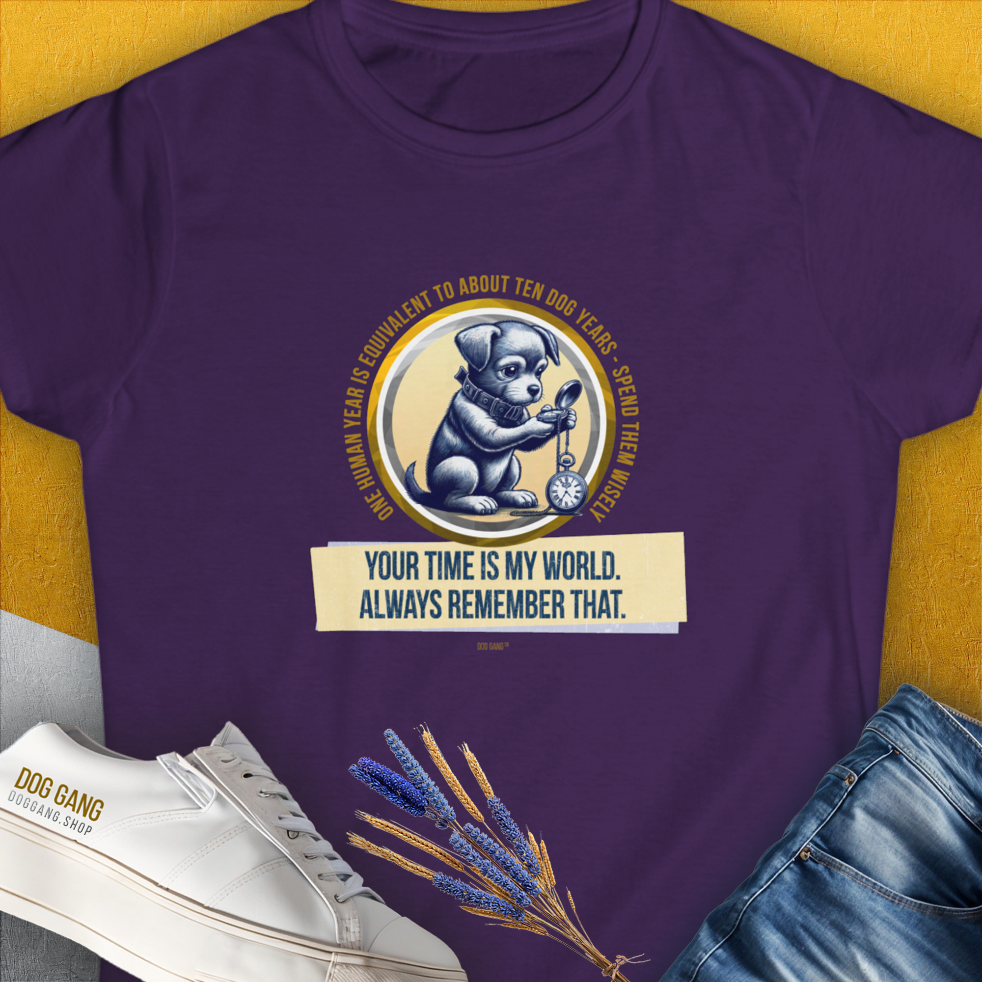 One Human Year = Ten Dog Years, Volume 2, Women&#39;s T-Shirt-Purple-a funny shirt for dog lovers and dog owners, designed by Dog Gang of Switzerland, printed locally in your region