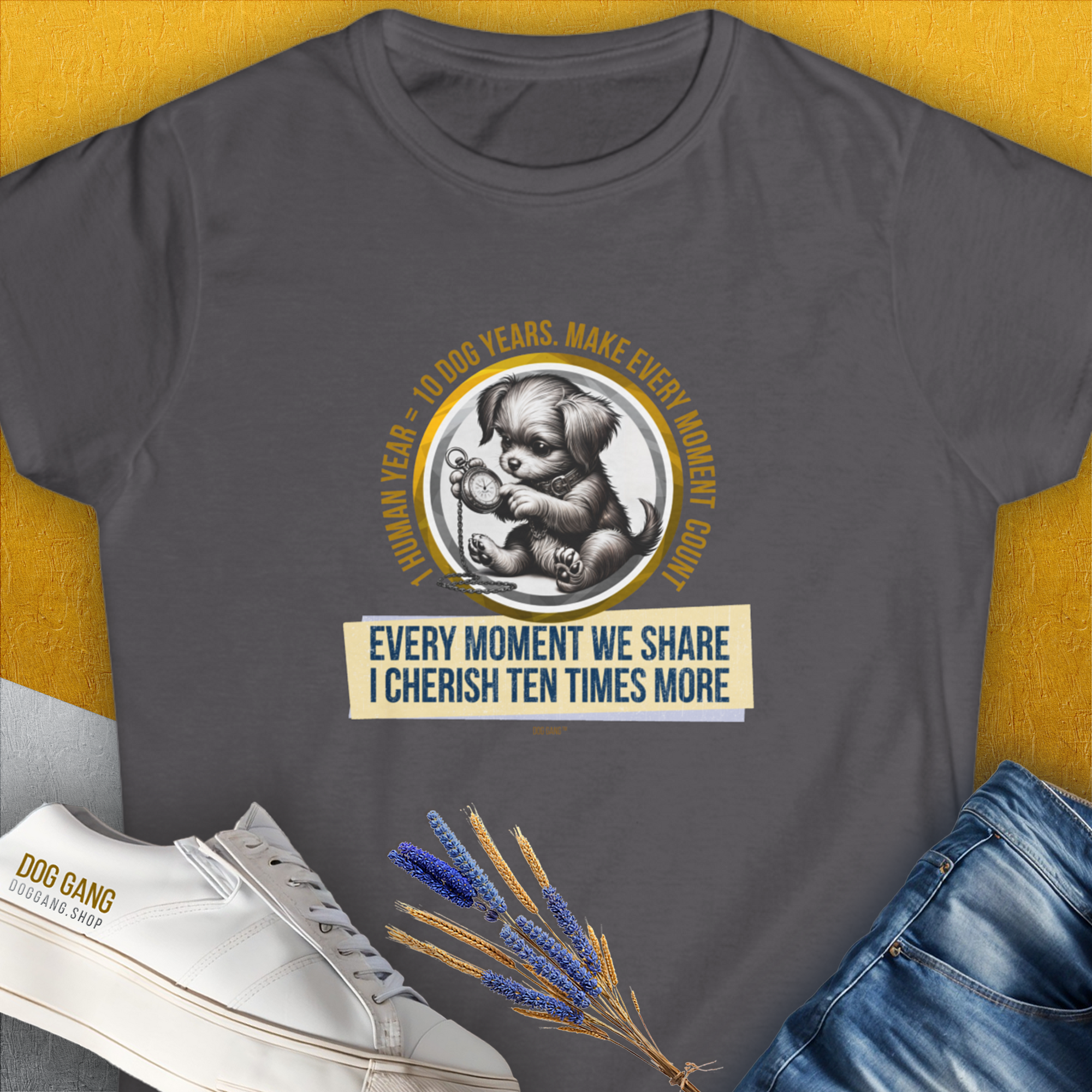 One Human Year = Ten Dog Years, Volume 4, Women's T-Shirt-Charcoal. A dog-themed Design from Dog Gang