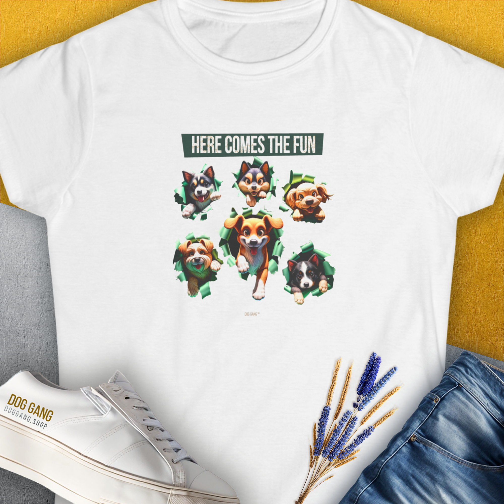 Unleash-Series (Here Comes The Fun), Volume 4, Women's T-Shirt-White. For dog lovers and dog owners. Design by Dog Gang