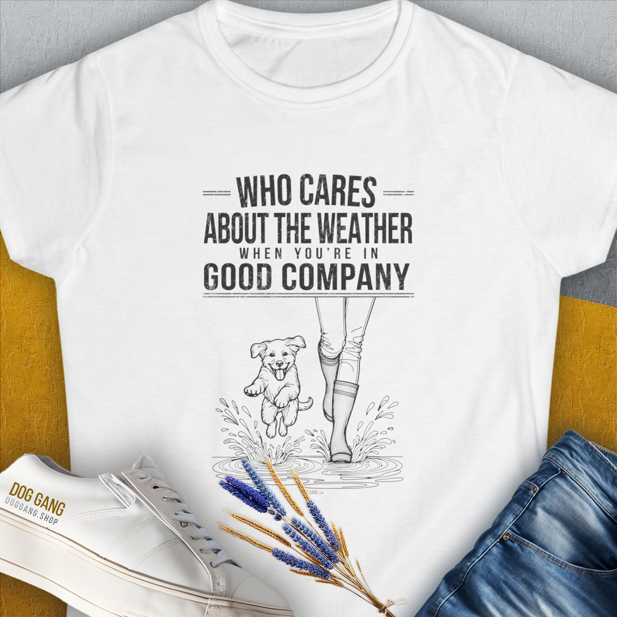 Who Cares About The Weather When You're In Good Company, Volume 2, Women's T-Shirt-White. For dog lovers and dog owners. Design by Dog Gang
