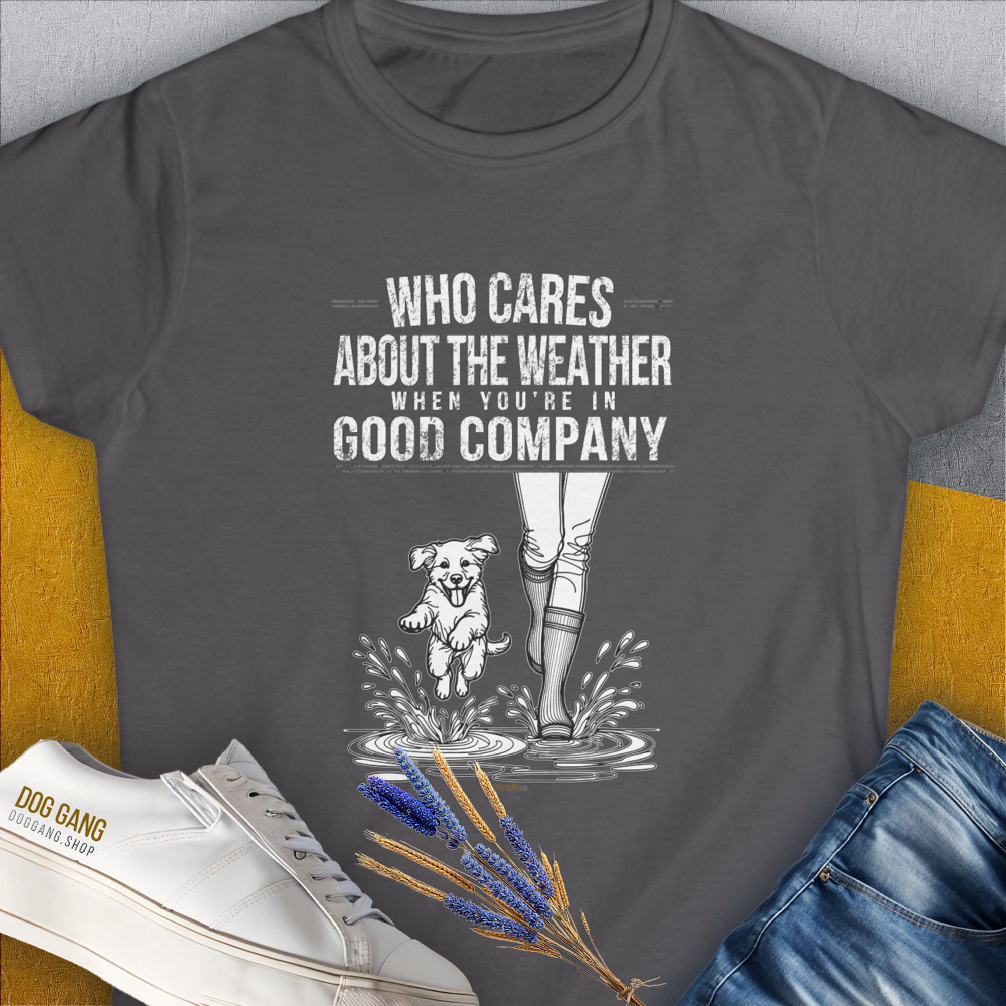 Who Cares About The Weather When You're In Good Company, Volume 2, Women's T-Shirt-Charcoal. A dog-themed Design from Dog Gang