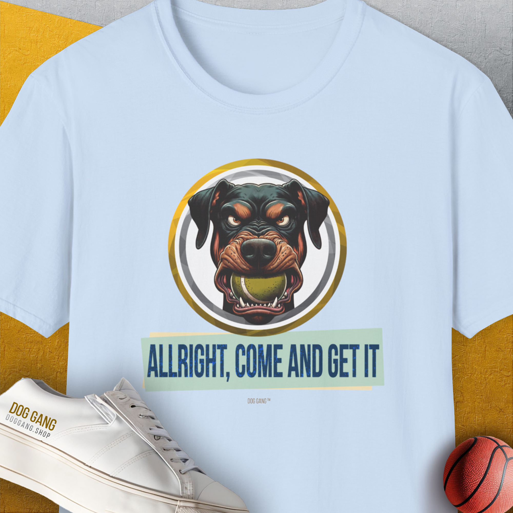 Allright Come And Get It, Volume 2, Unisex T-Shirt-Light Blue. A perfect gift for dog lovers and dog owners. Design by Dog Gang
