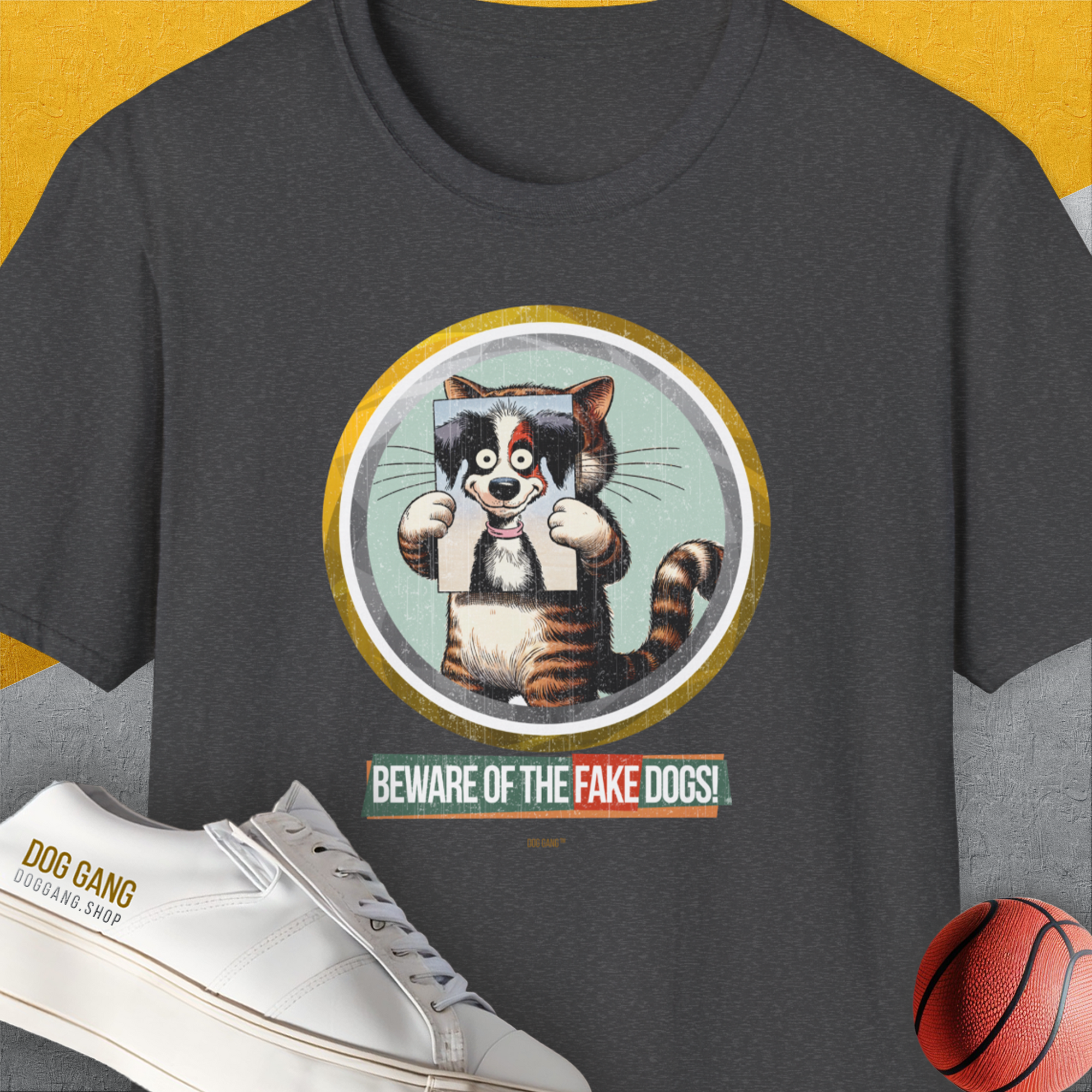 Beware Of The Fake Dogs! Volume 2 T-shirt features a funny cat wearing a dog mask. Perfect for any dog lover gift. Designed by Dog Gang.