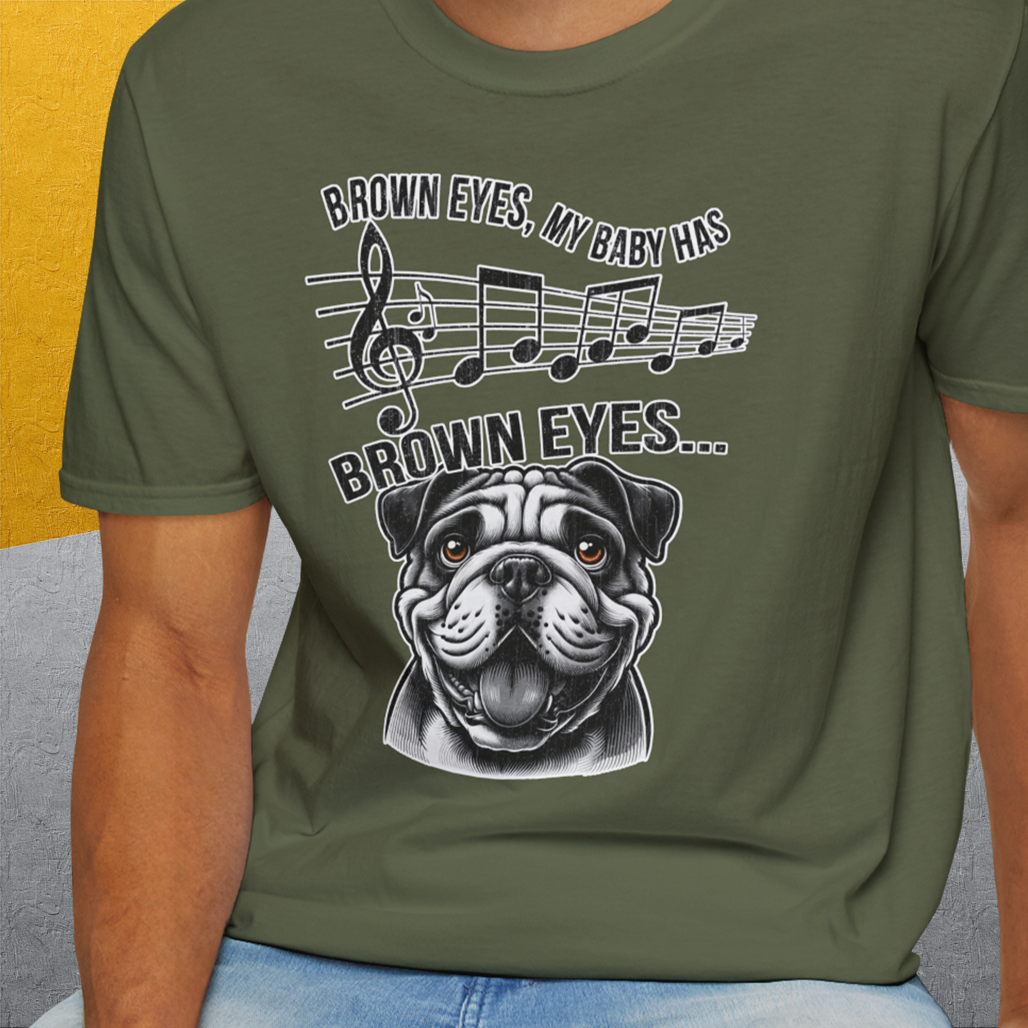 Brown Eyes, My Baby Has Brown Eyes, Volume 1 (Bulldog), Unisex T-Shirt-. For dog lovers and dog owners. Design by Dog Gang