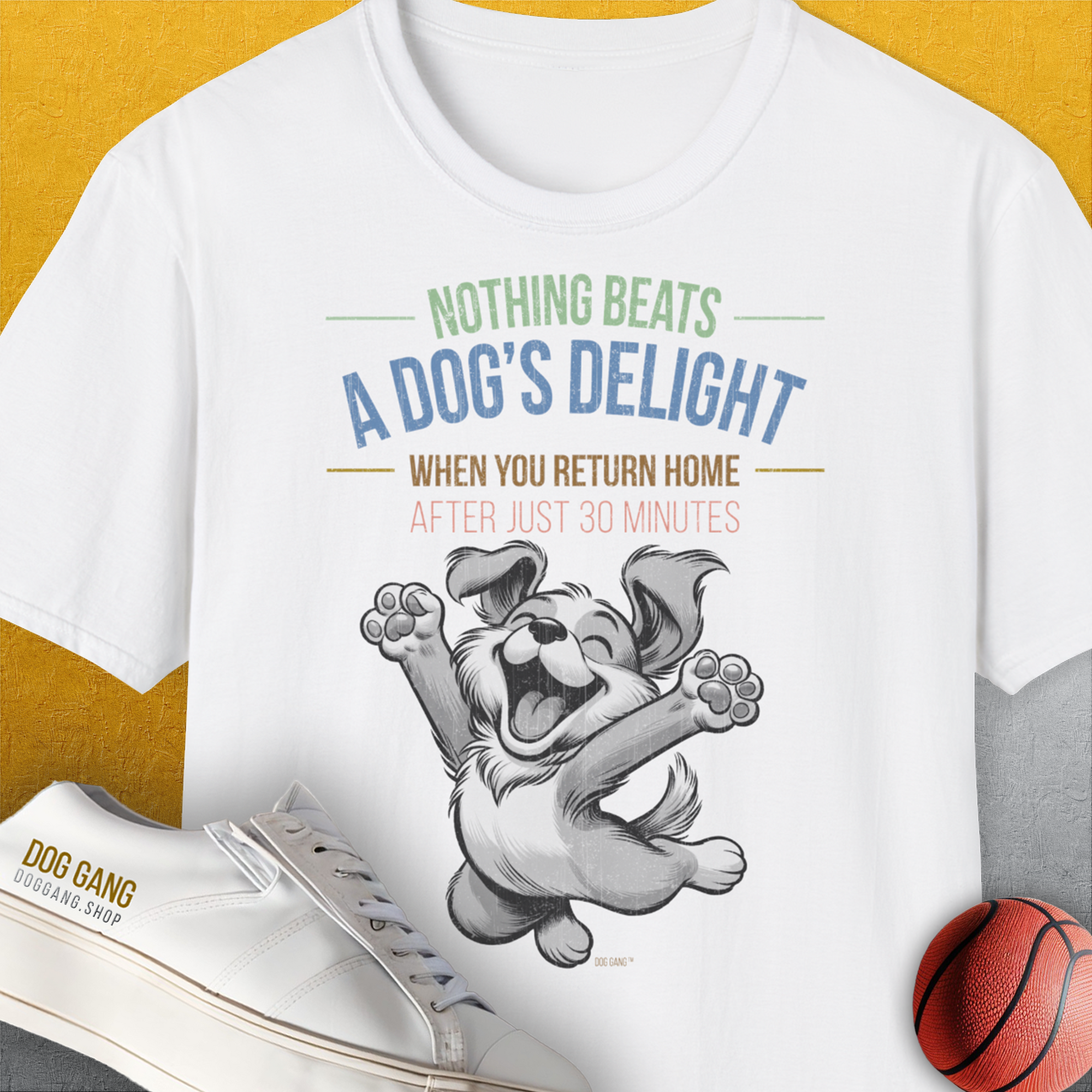 Nothing Beats A Dog's Delight When You Return Home, Volume 1, Unisex T-Shirt-White-bequemes Shirt mit lustigem Spruch für Hundebesitzer, Design by Dog Gang